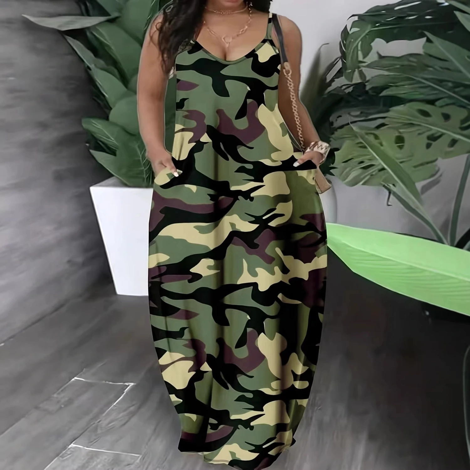 Cool Cami Maxi Dress With Abstract Camo Pattern