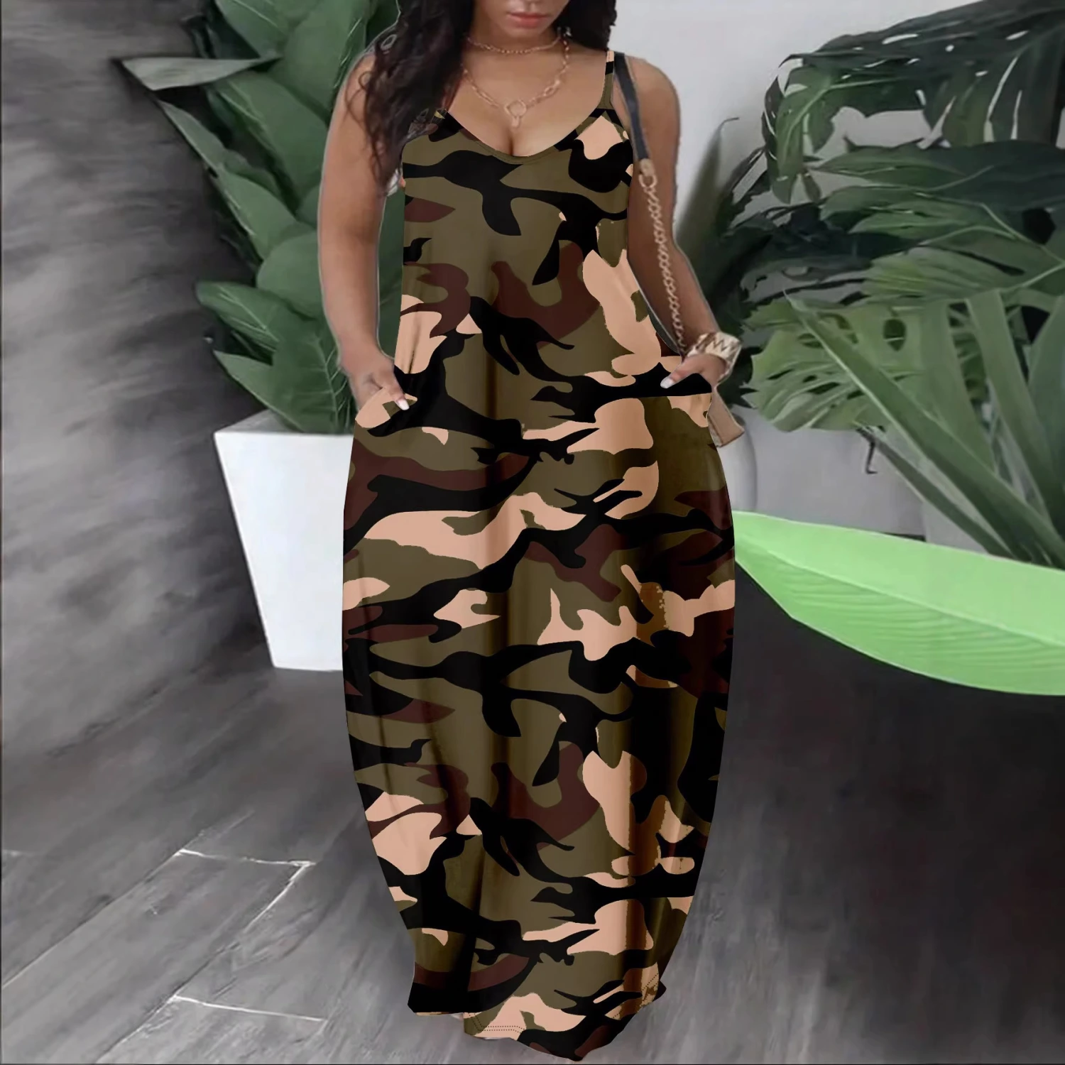 Cool Cami Maxi Dress With Abstract Camo Pattern