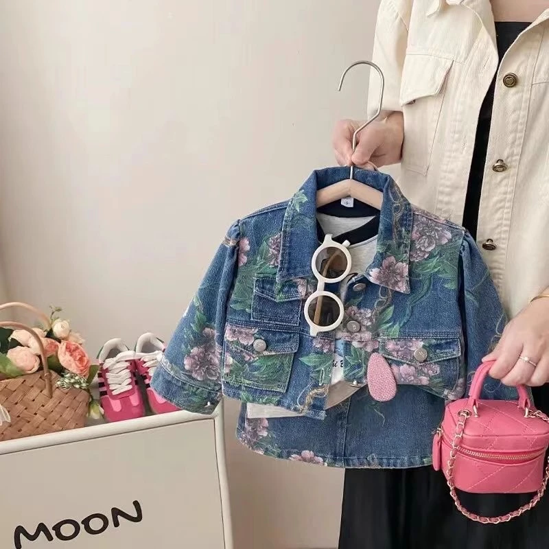 Cute Floral Denim Jacket And Skirt Two-Piece Set