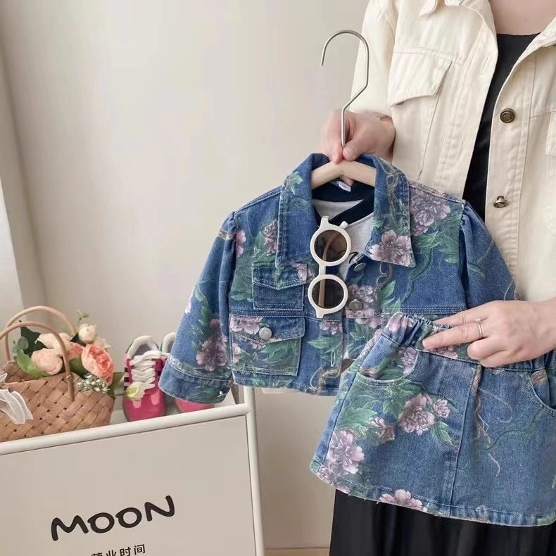 Cute Floral Denim Jacket And Skirt Two-Piece Set