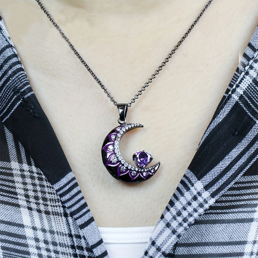 Black Moon Flower Diamond-Encrusted Pendant Heart Oil-Drop Clavicle Chain