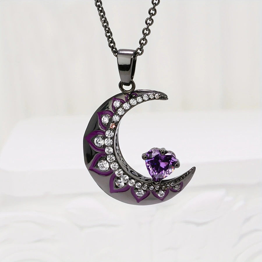 Black Moon Flower Diamond-Encrusted Pendant Heart Oil-Drop Clavicle Chain