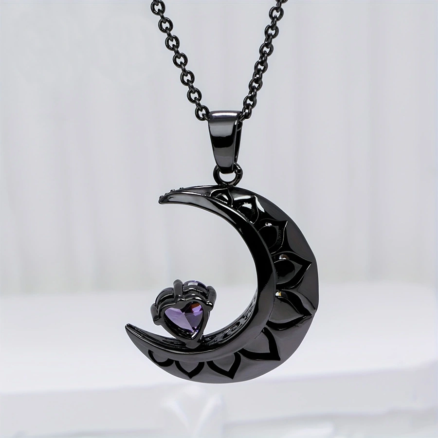 Black Moon Flower Diamond-Encrusted Pendant Heart Oil-Drop Clavicle Chain
