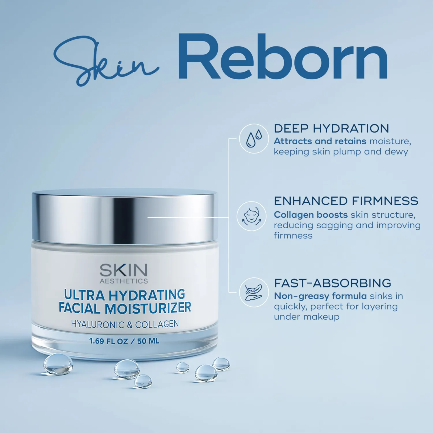 Skin Aesthetics Hyaluronic Acid & Collagen Face Moisturizer - Anti-Aging, Ultra Hydrating, Fine Lines & Wrinkles Treatment - Dermatologist Tested Korean Skincare - Clean Beauty, Cruelty-Free - 1.69 oz