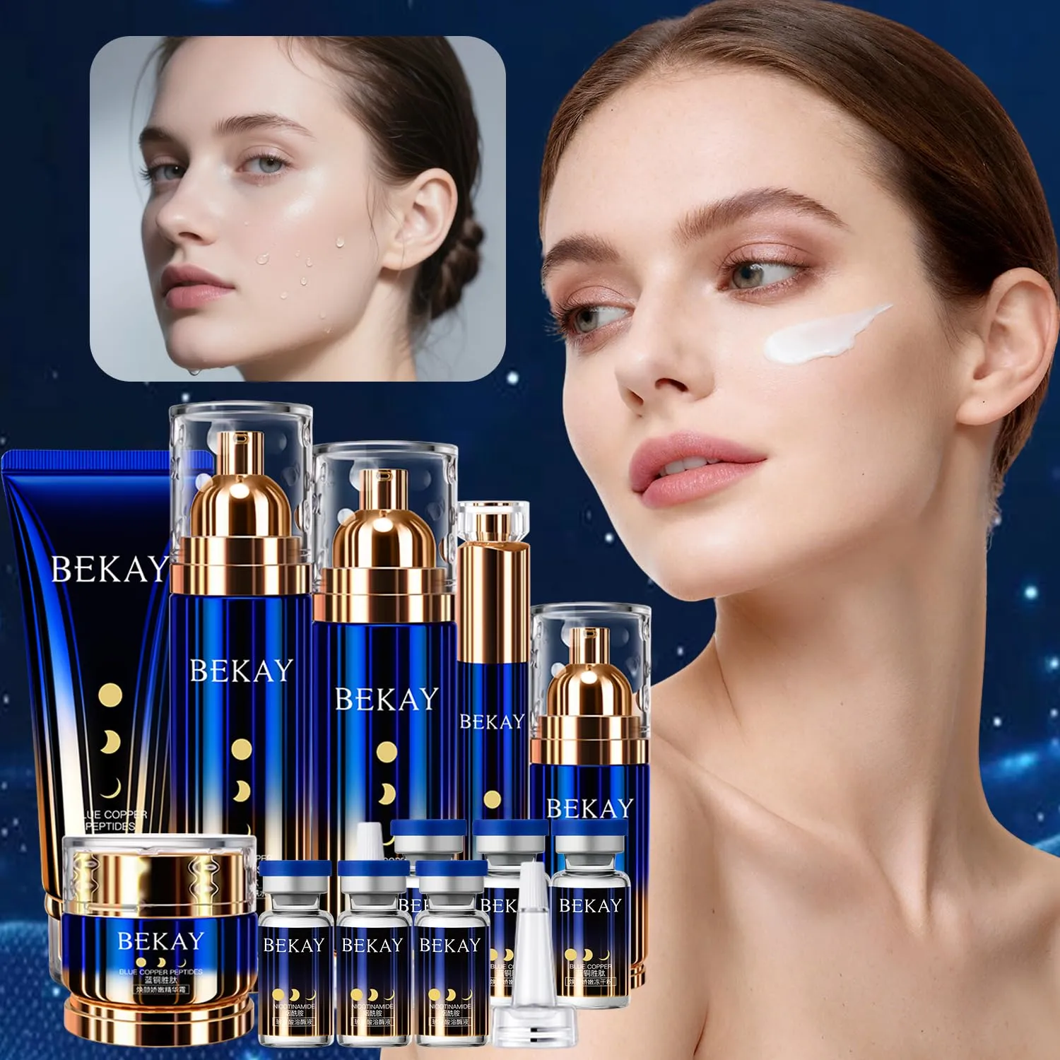 Face Blue Copper Peptide Day & Night Anti-Aging Skincare Set (12 Pcs), Firming & Moisturzing - Includes Essence Cream, Toner, Lotion, Eye Cream, Cleanser, Hyaluronic Acid Solution, Foundation