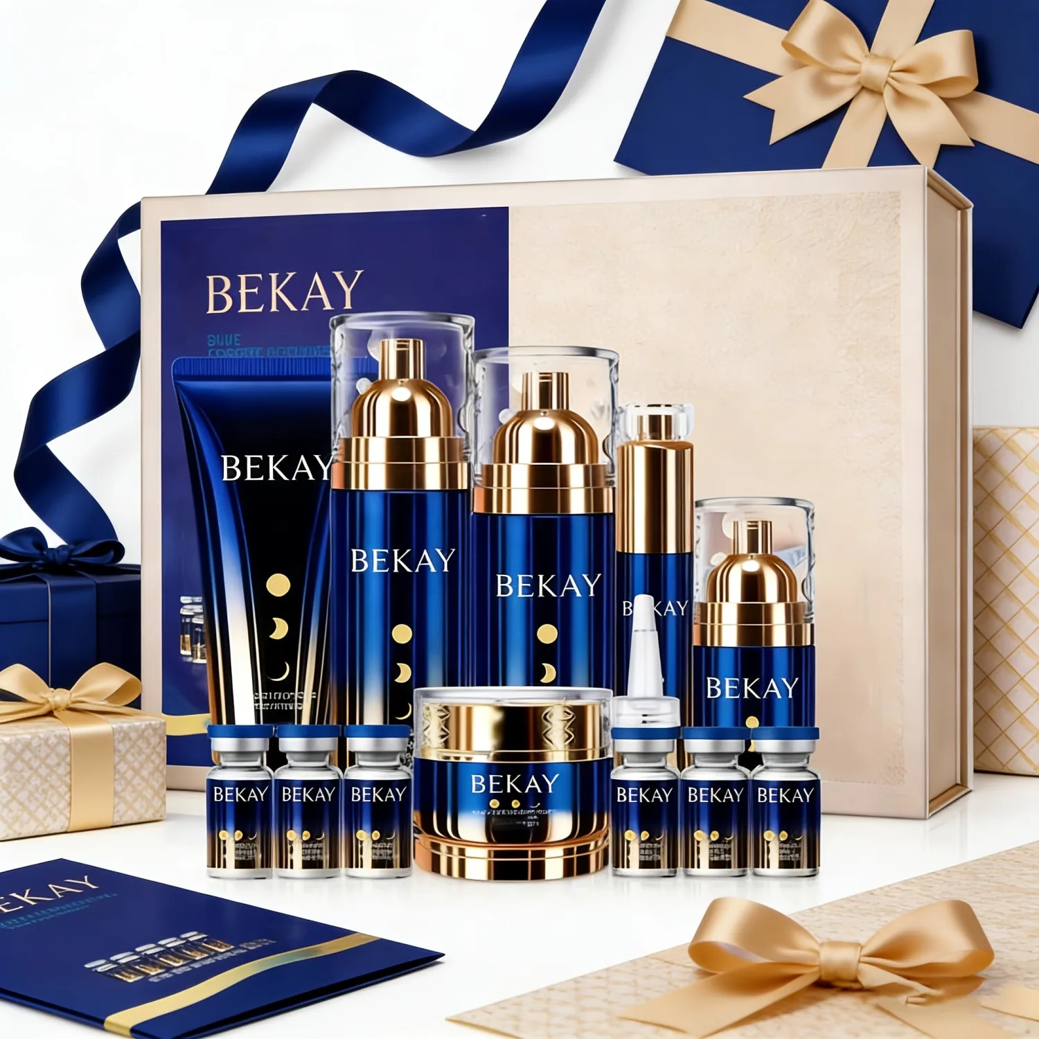 Face Blue Copper Peptide Day & Night Anti-Aging Skincare Set (12 Pcs), Firming & Moisturzing - Includes Essence Cream, Toner, Lotion, Eye Cream, Cleanser, Hyaluronic Acid Solution, Foundation