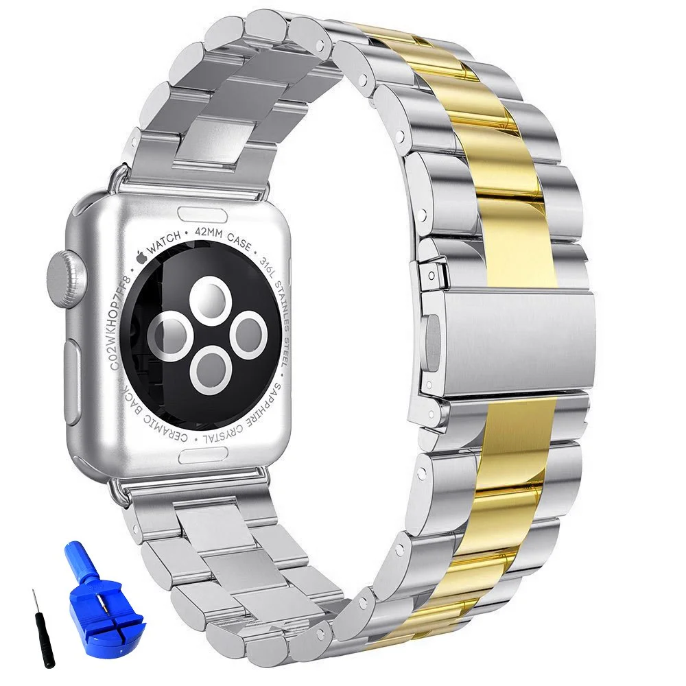 Solid Stainless Steel Band Compatible with Apple Watch 49mm 46mm 45mm 44mm 42mm 41mm 40mm 38mm, Metal Strap for iWatch Series Ultra/Ultra2/10/9/8/7/6/5/4/3/2/1 SE Women and Men(Silver/Gold 38mm/40mm/41mm)