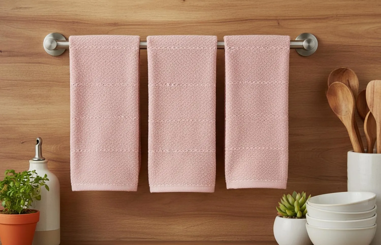 Serafina Home Light Pink Kitchen Hand Dish Towels: Oversized 28" x 18",100% Cotton Cloth Soft Cleaning Drying Absorbent Textured Design, Set of 3 Multipurpose for Everyday Use (Pink)