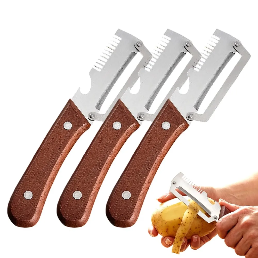 Multifunctional Vegetable Peeler for Kitchen, 2026 New 2 in 1 Stainless Steel Blade with Wooden Handle and Bottle Opener, Ultra-Sharp Kitchen Tool for Fruits and Vegetables (3)