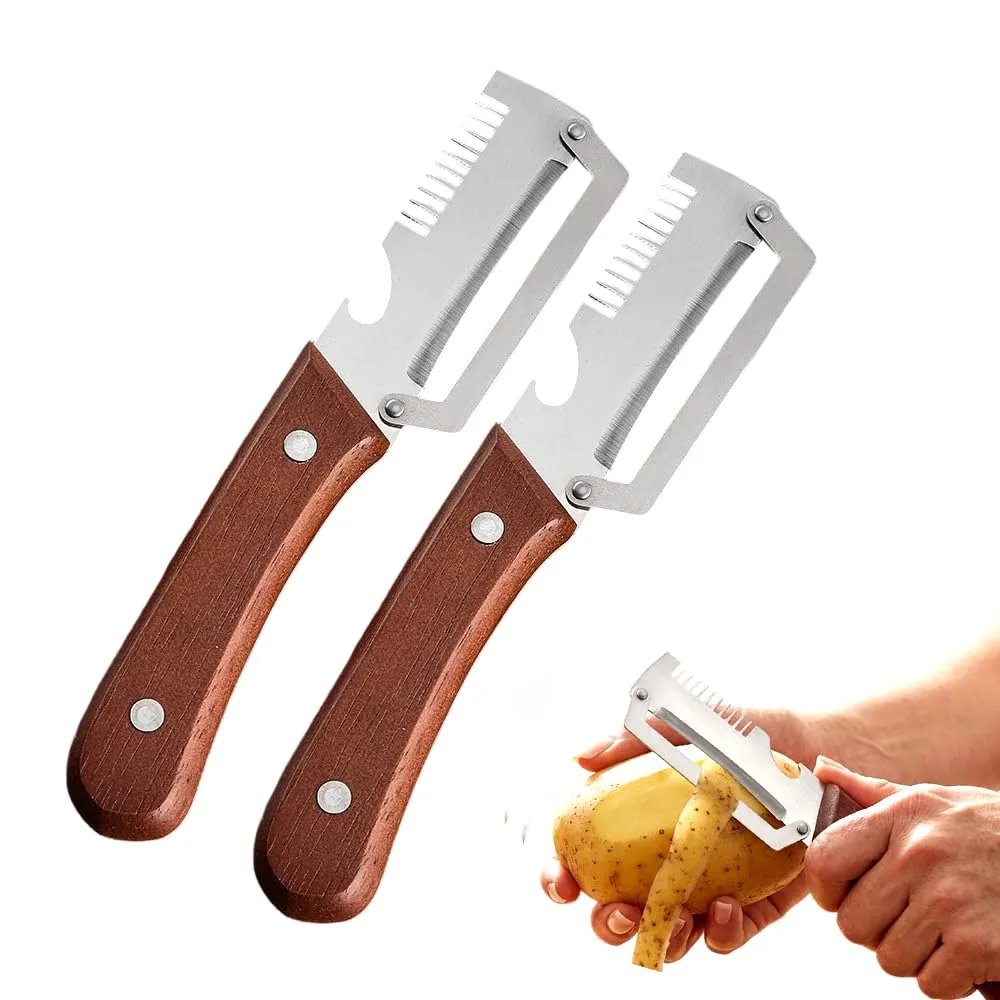 Multifunctional Vegetable Peeler for Kitchen, 2026 New 2 in 1 Stainless Steel Blade with Wooden Handle and Bottle Opener, Ultra-Sharp Kitchen Tool for Fruits and Vegetables (2)