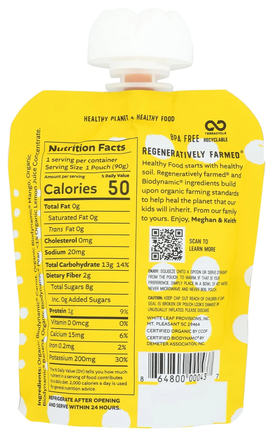 White Leaf Provisions Organic Mango Carrot Banana Pear Baby Food, 3.17 OZ