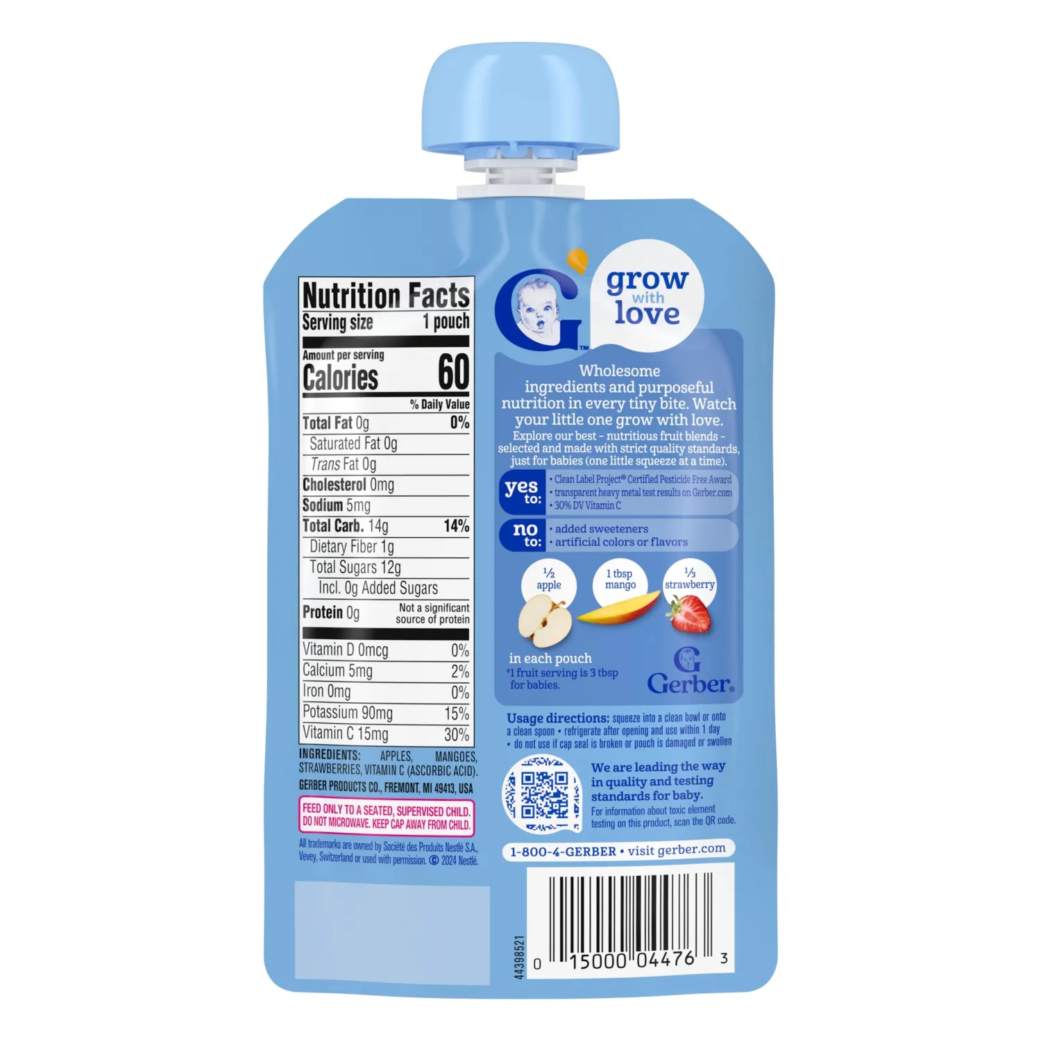 Gerber Stage 2 Baby Food, Apple Mango Strawberry Puree Pouch, 2 Servings of Fruit, No Added Sweetener, No Artificial Colors or Flavors
