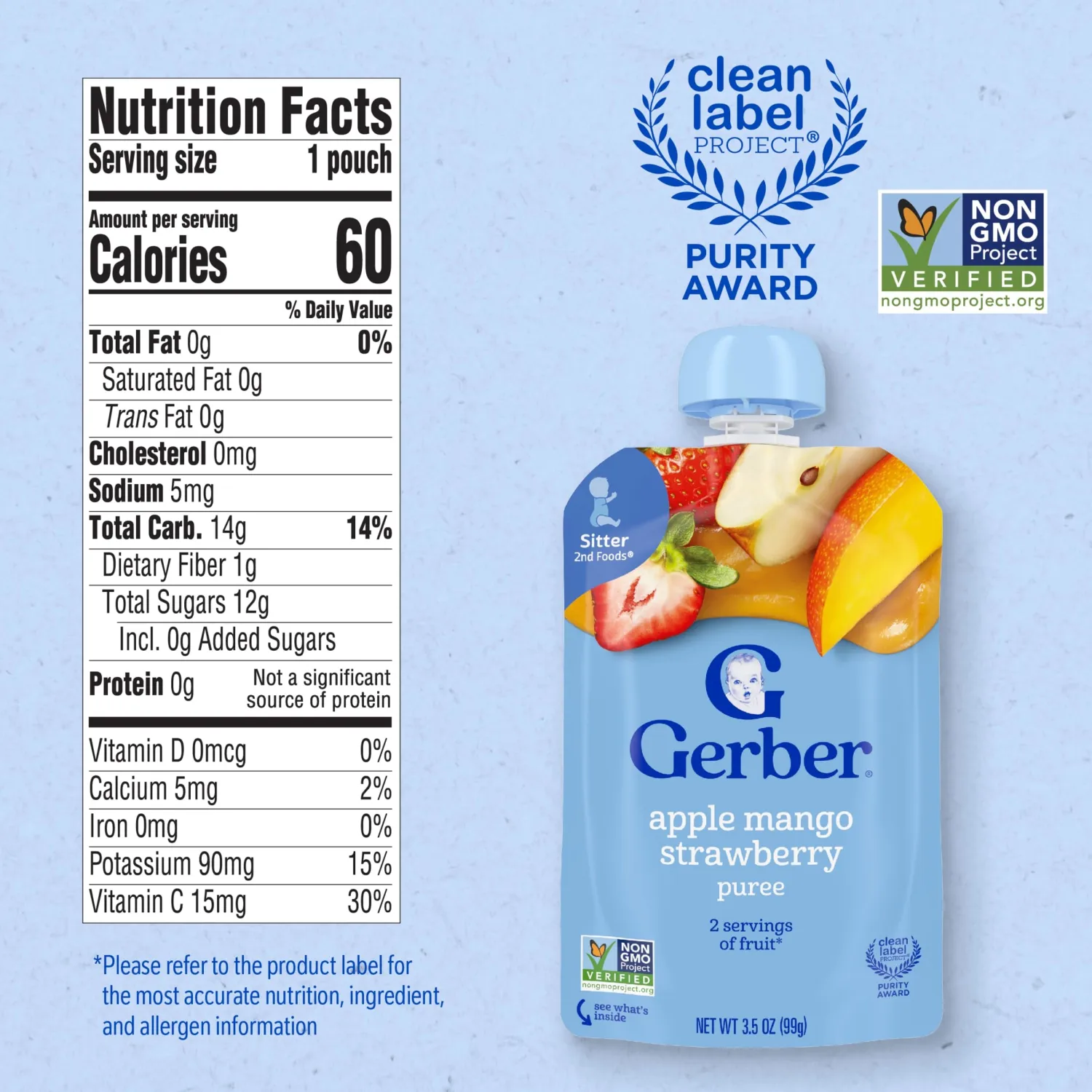 Gerber Stage 2 Baby Food, Apple Mango Strawberry Puree Pouch, 2 Servings of Fruit, No Added Sweetener, No Artificial Colors or Flavors