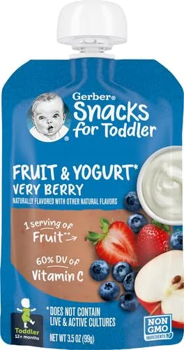 Gerber Baby Food Pouches, Toddler 12+ Months, Fruit & Yogurt Very Berry, 3.5 Ounce