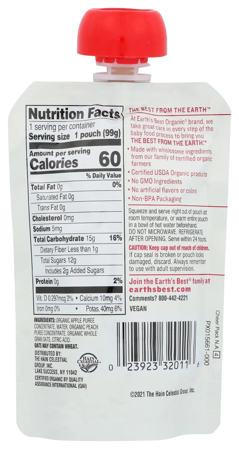 Earths Best Baby Puree Apple Peach Or, 4.2 oz