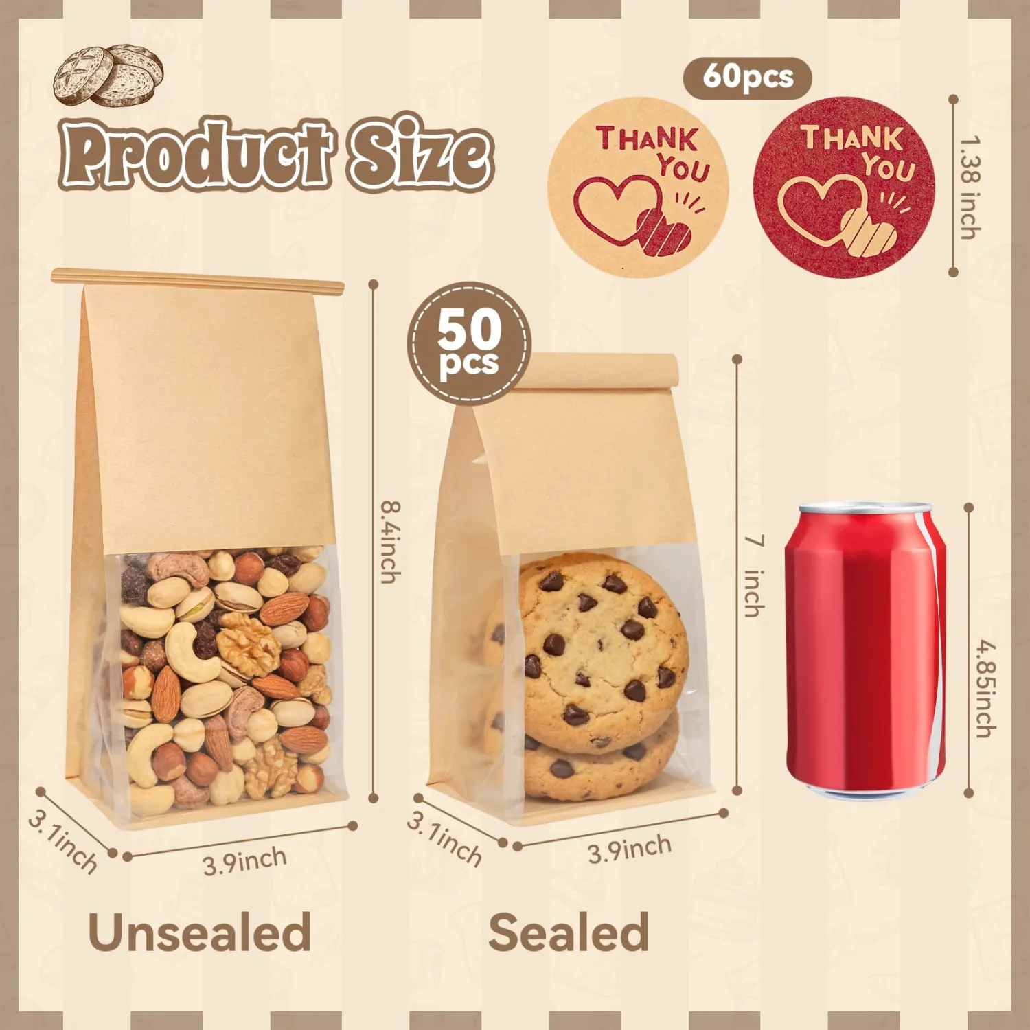 Cookie Bags with Seal & Bakery Bags with Window 50pcs, 3.9"x3.1"x8.4" Small Grease Resistant Kraft Paper Treat Bags with Tin Tie Tab Lock for Pastry, Muffin, Homemade Cookies, Baked Goods,