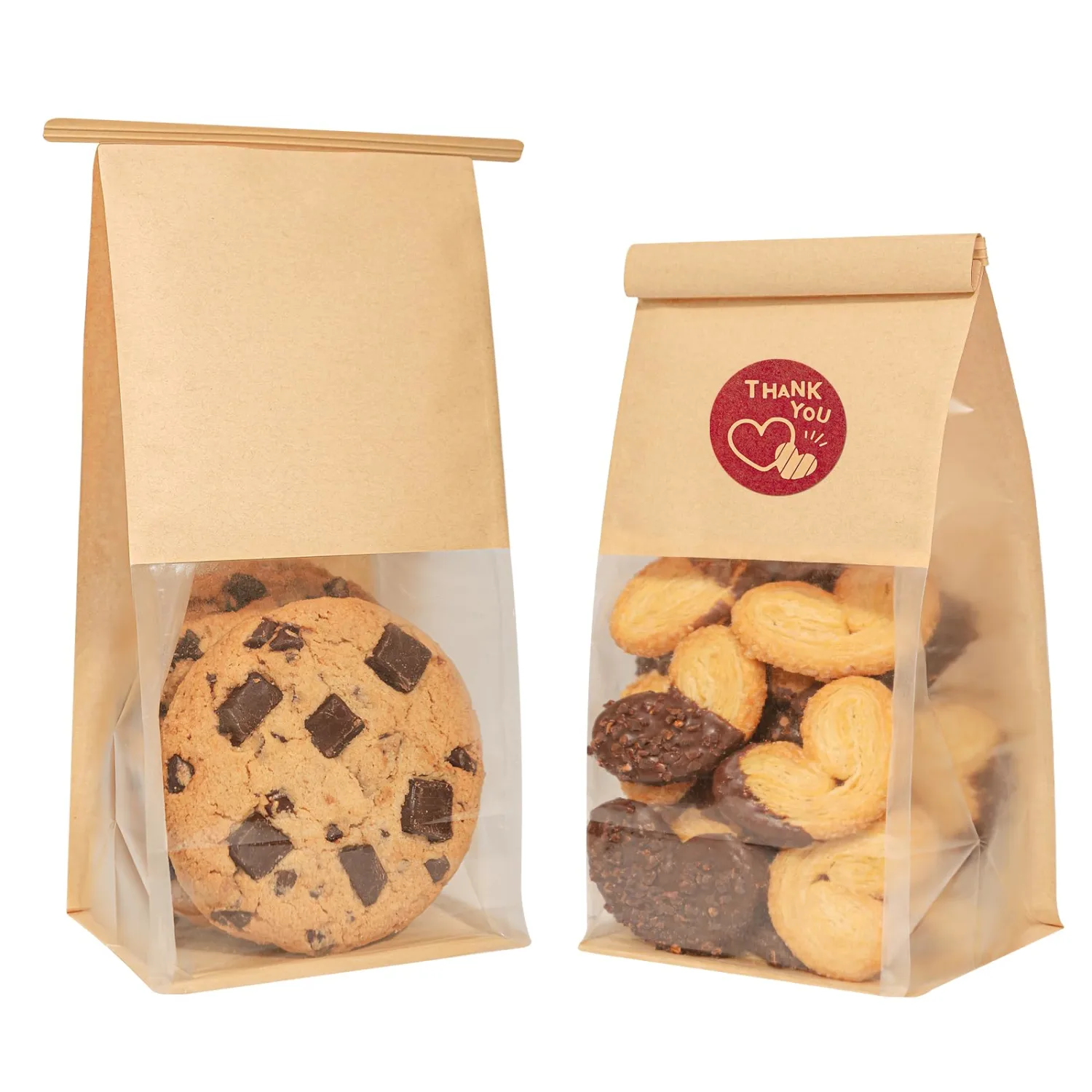 Cookie Bags with Seal & Bakery Bags with Window 50pcs, 3.9"x3.1"x8.4" Small Grease Resistant Kraft Paper Treat Bags with Tin Tie Tab Lock for Pastry, Muffin, Homemade Cookies, Baked Goods,