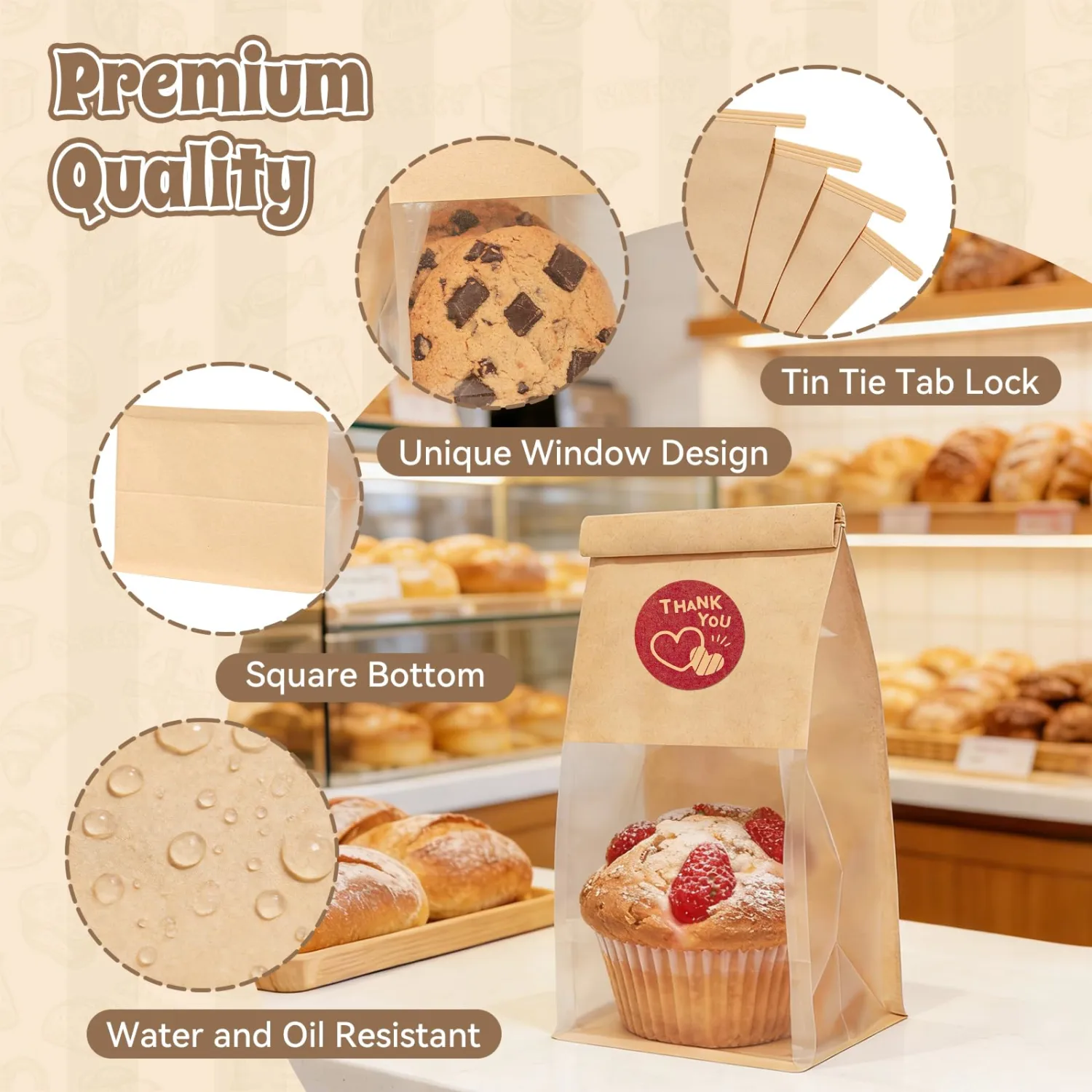 Cookie Bags with Seal & Bakery Bags with Window 50pcs, 3.9"x3.1"x8.4" Small Grease Resistant Kraft Paper Treat Bags with Tin Tie Tab Lock for Pastry, Muffin, Homemade Cookies, Baked Goods,