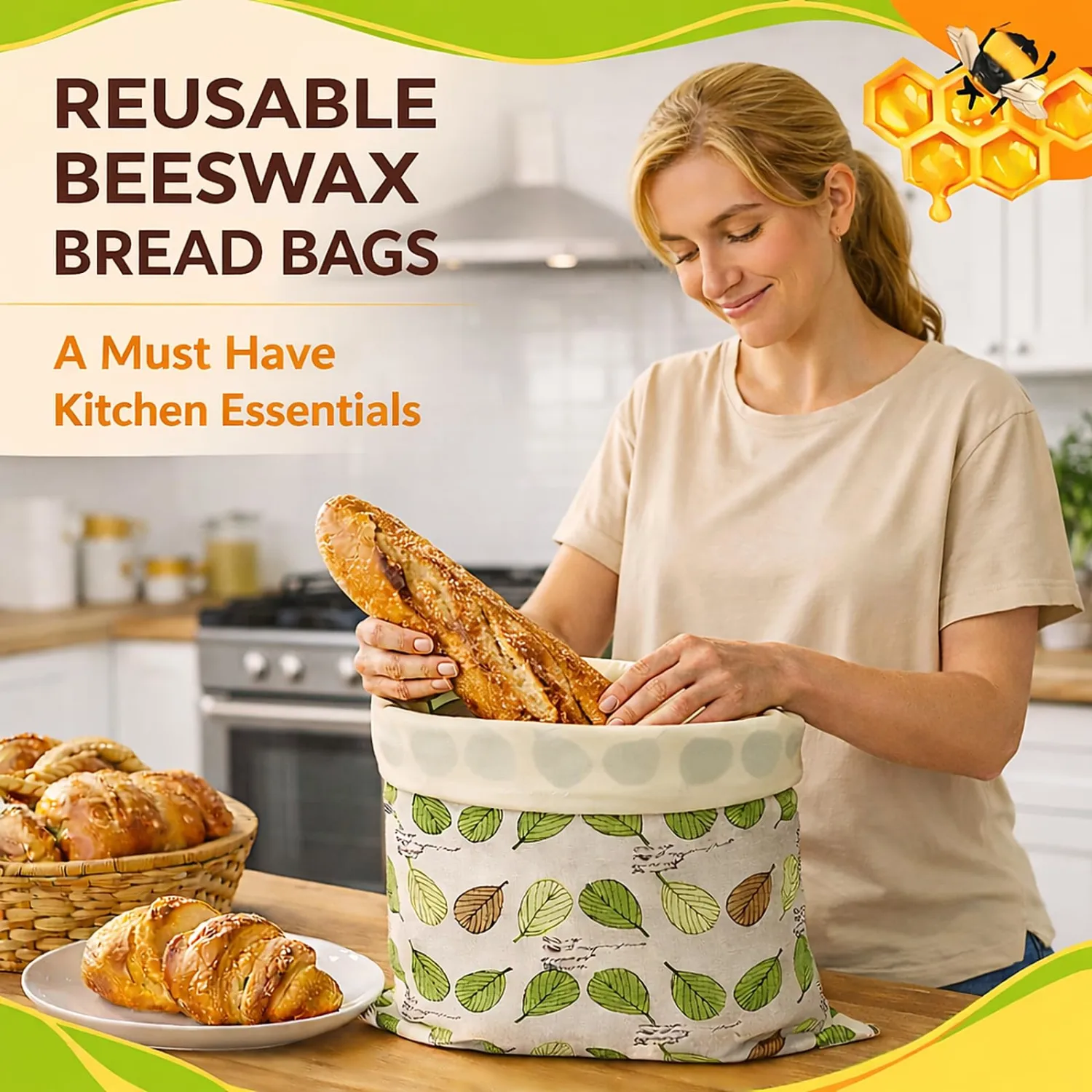 2 Pack Reusable Beeswax Bread Bags for Freezer & Refrigerator, Beeswax-Lined Cotton Bread Storage Bags with Buckle Closure, Airtight Freshness Keeper for Sourdough, Bagels & Homemade Bread