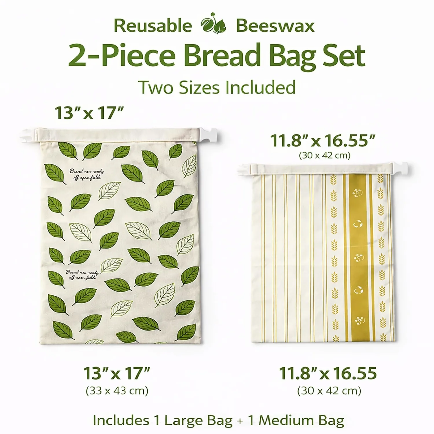 2 Pack Reusable Beeswax Bread Bags for Freezer & Refrigerator, Beeswax-Lined Cotton Bread Storage Bags with Buckle Closure, Airtight Freshness Keeper for Sourdough, Bagels & Homemade Bread