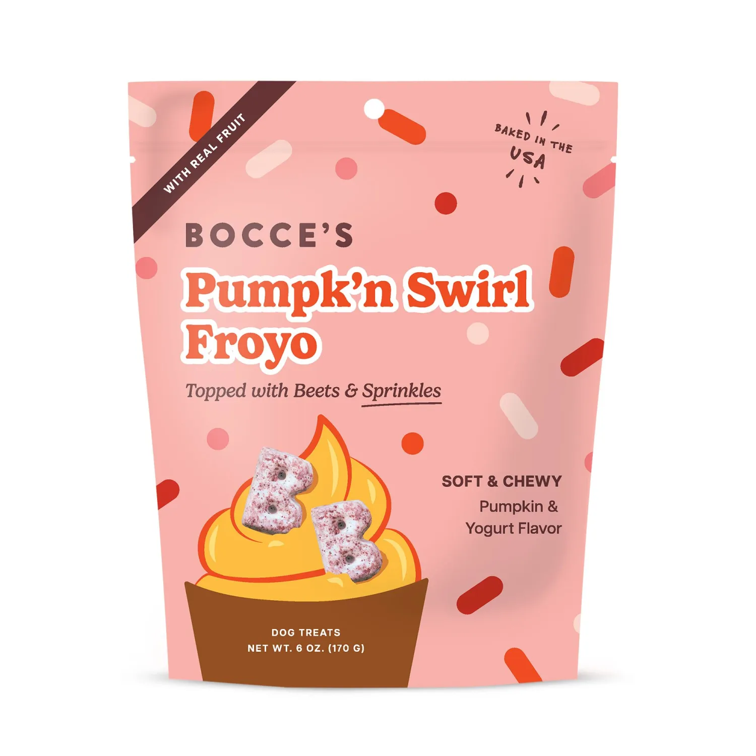 Bocce's Bakery Pumpk’n Swirl Froyo Dog Treats – Natural, Wheat-Free Soft & Chewy Cookies Made with Real Ingredients – Baked in The USA and Topped with Beets & Sprinkles, 6oz