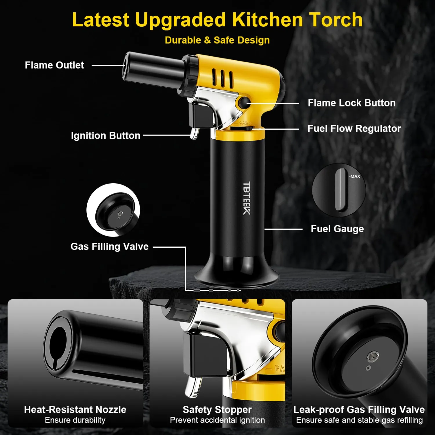TBTeek Butane Torch with Fuel Gauge T907, One-hand Operation Kitchen Torch Lighter with Adjustable Flame for BBQ, Baking, Brulee Creme, Crafts and Soldering(Butane Gas Not Included)