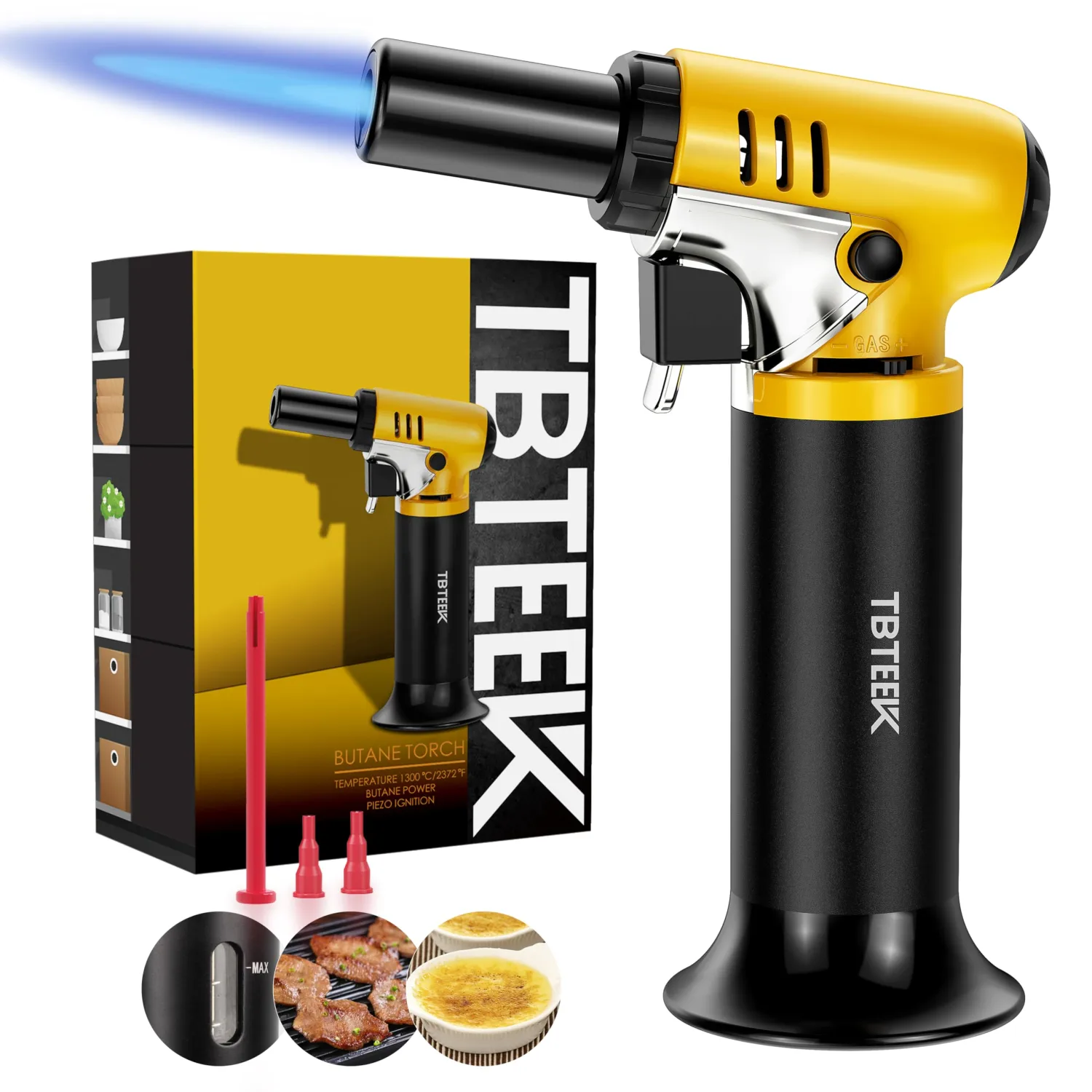TBTeek Butane Torch with Fuel Gauge T907, One-hand Operation Kitchen Torch Lighter with Adjustable Flame for BBQ, Baking, Brulee Creme, Crafts and Soldering(Butane Gas Not Included)