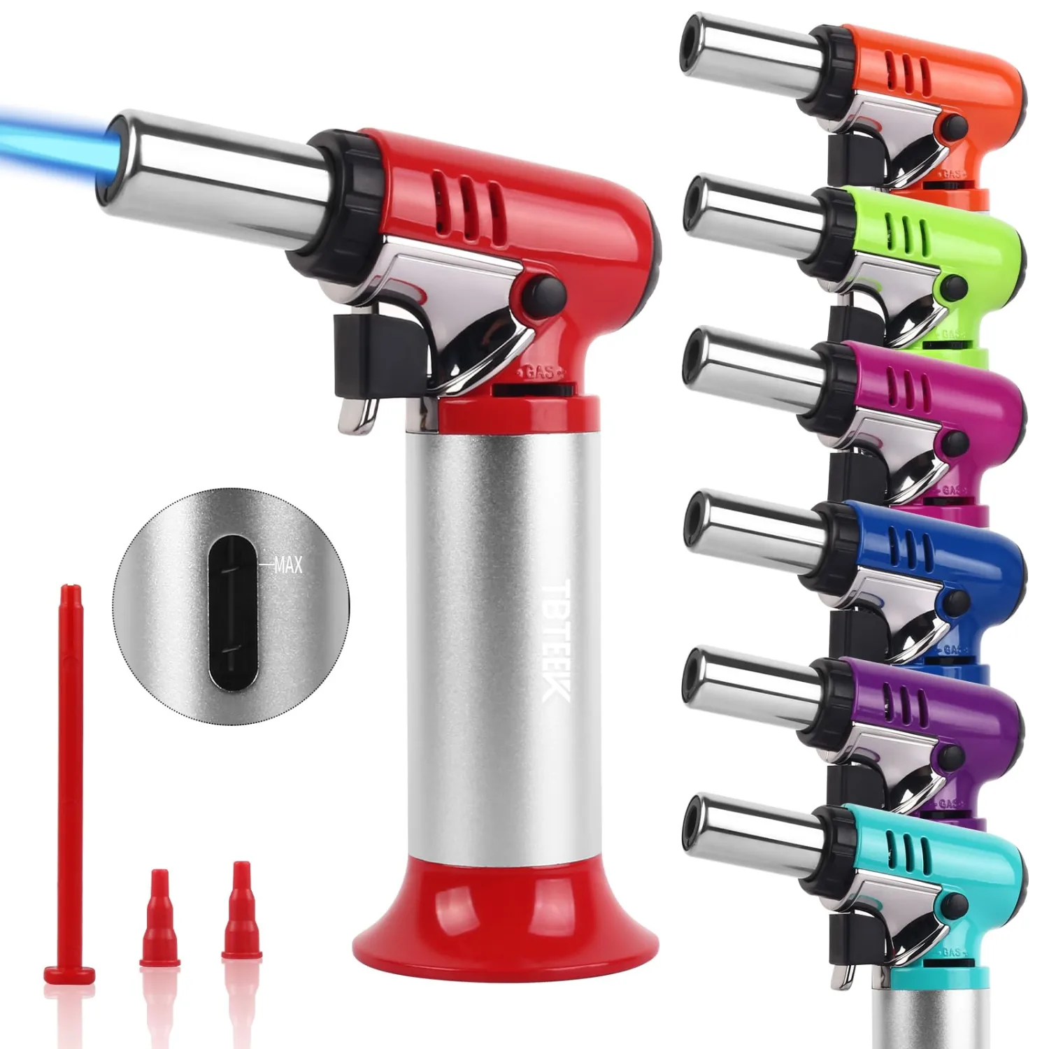 TBTeek Butane Torch with Fuel Gauge T907, One-hand Operation Kitchen Torch Lighter with Adjustable Flame for BBQ, Baking, Brulee Creme, Crafts and Soldering(Butane Gas Not Included), Red