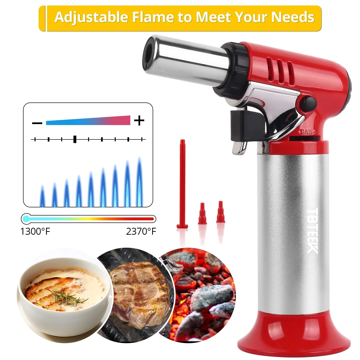 TBTeek Butane Torch with Fuel Gauge T907, One-hand Operation Kitchen Torch Lighter with Adjustable Flame for BBQ, Baking, Brulee Creme, Crafts and Soldering(Butane Gas Not Included), Red