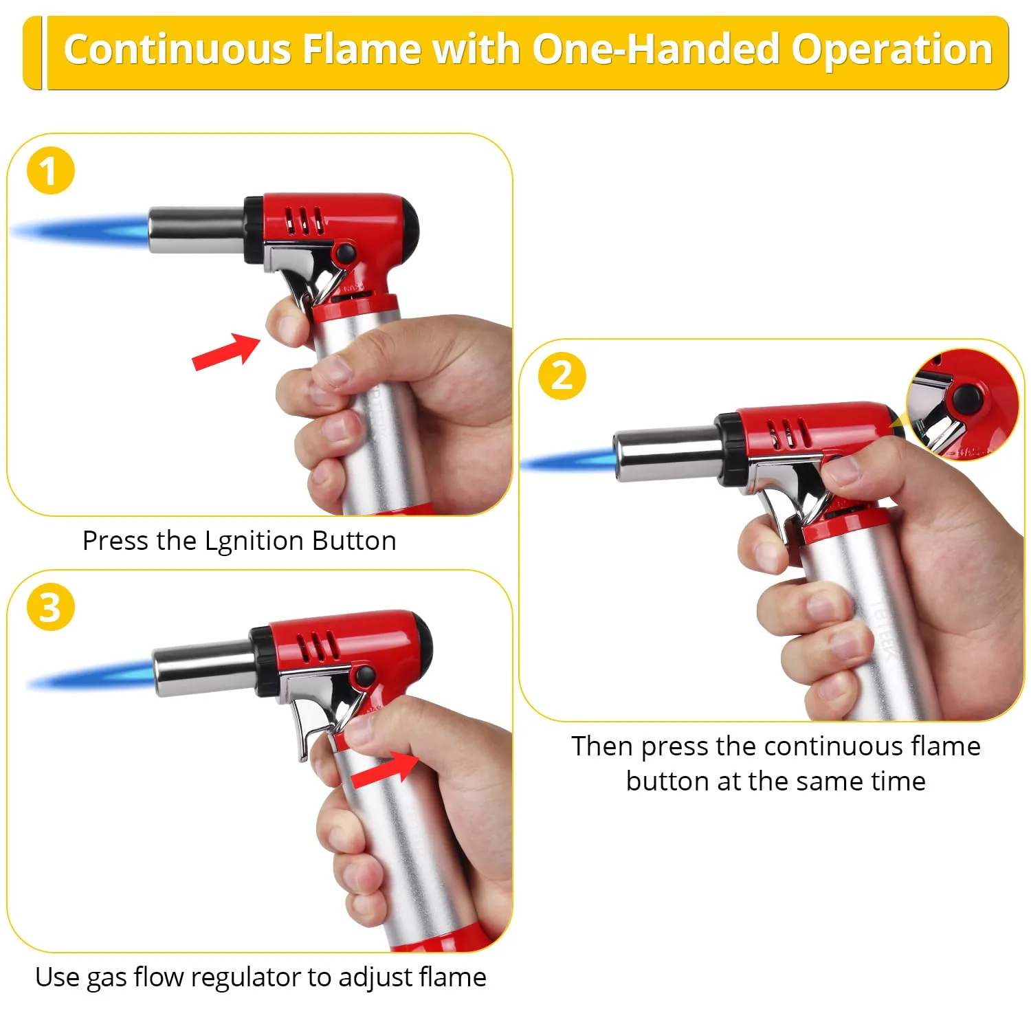 TBTeek Butane Torch with Fuel Gauge T907, One-hand Operation Kitchen Torch Lighter with Adjustable Flame for BBQ, Baking, Brulee Creme, Crafts and Soldering(Butane Gas Not Included), Red