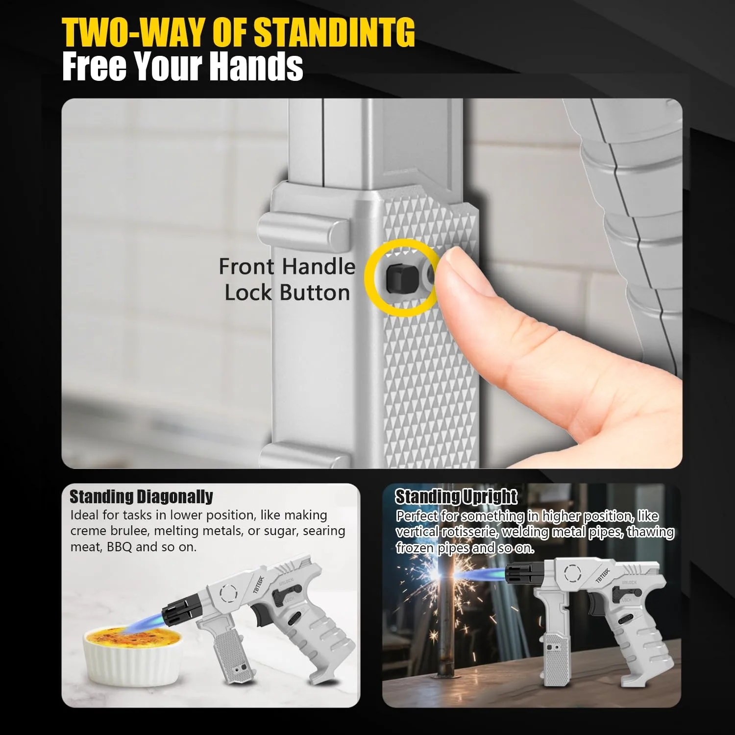 TBTeek Torch Lighter, Refillable Butane Torch Lighter with Blue Light, Kitchen Blow Torch with Safety Lock, Adjustable Flame and Dual Standing Heights for Cooking, Soldering and BBQ (Gas Not Included)