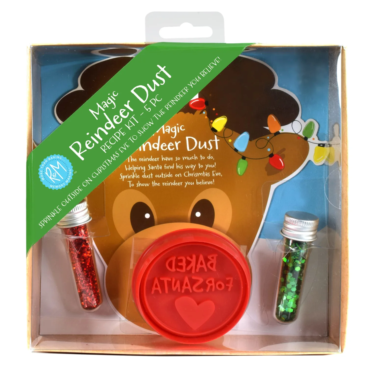 R&M Christmas Cookie Cutters, Magic Reindeer Dust Recipe Kit. Includes Santa Cookie Stamper, Colorful Glitter and Reindeer Hoofprint Stencils.