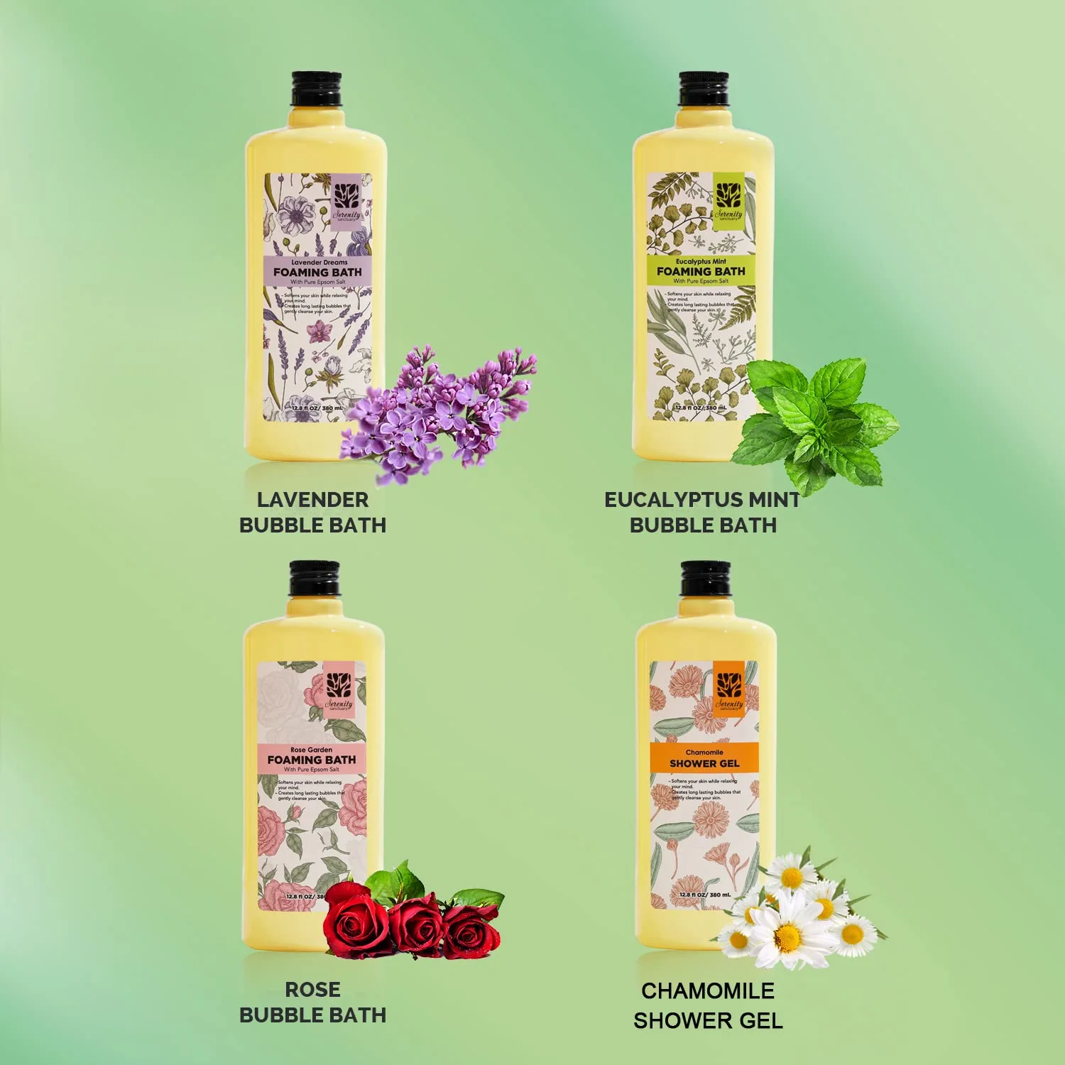 Serenity Sanctuary Bubble Bath for Women, Scented Gift Set for Adults, 51.2 fl oz (Pack of 4), with Shower Gel, Ladies Foaming Bath Variety, Mother's Day Gift for Mom, Christmas Gifts for Wife