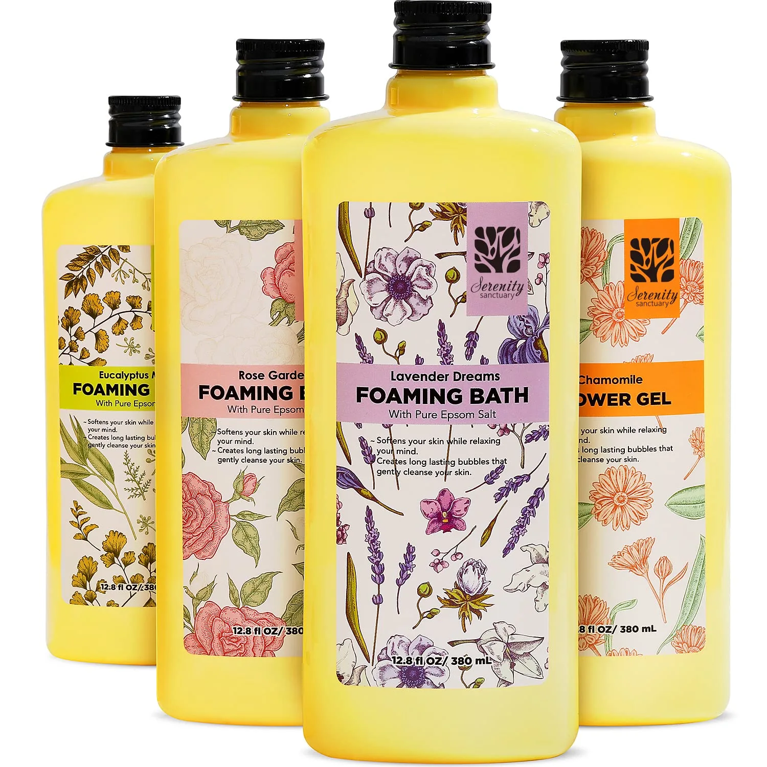 Serenity Sanctuary Bubble Bath for Women, Scented Gift Set for Adults, 51.2 fl oz (Pack of 4), with Shower Gel, Ladies Foaming Bath Variety, Mother's Day Gift for Mom, Christmas Gifts for Wife