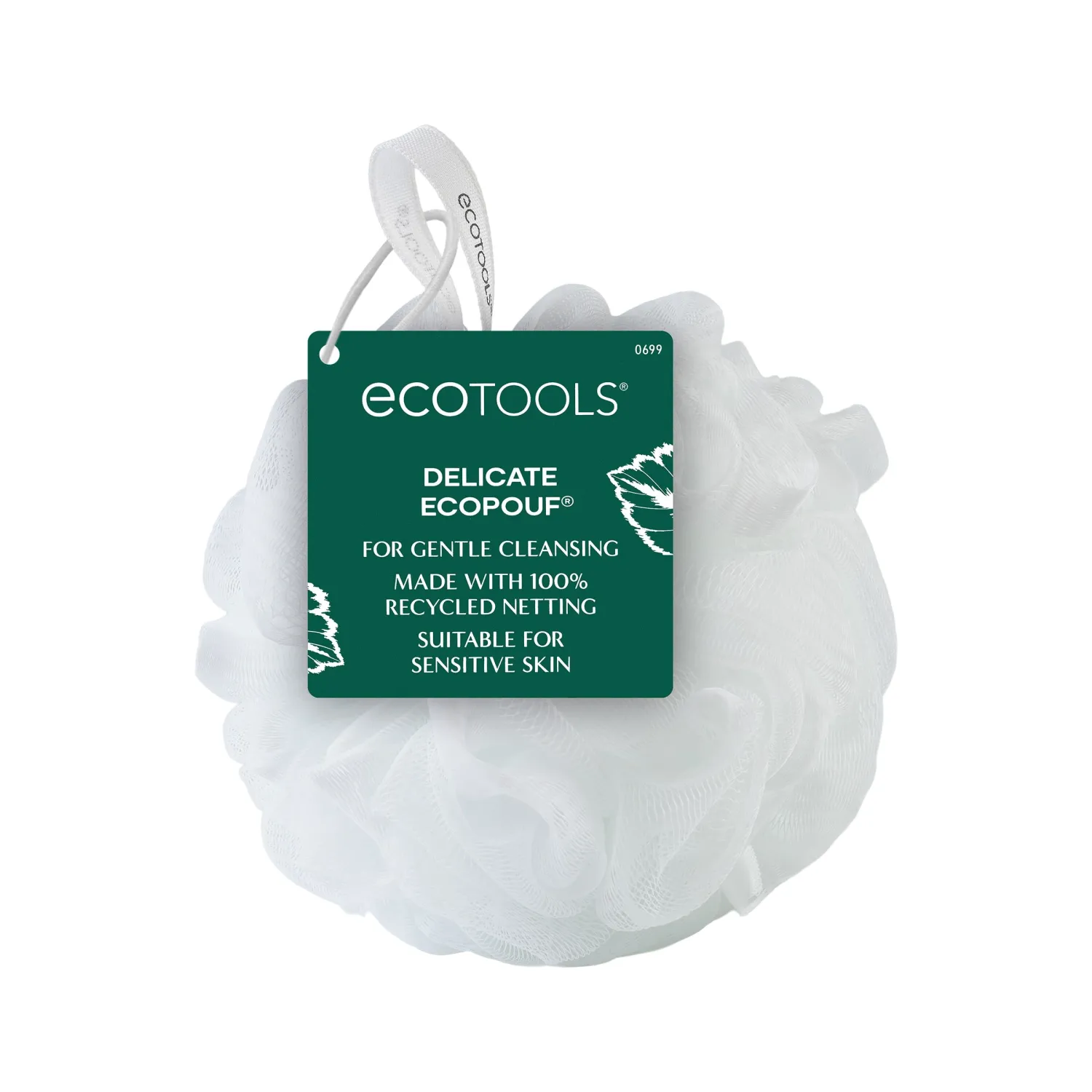 EcoTools Delicate EcoPouf Body Loofah, Gentle Exfoliating Shower Sponge for Sensitive Skin, 100% Recycled Netting Bath Pouf, 1 Count