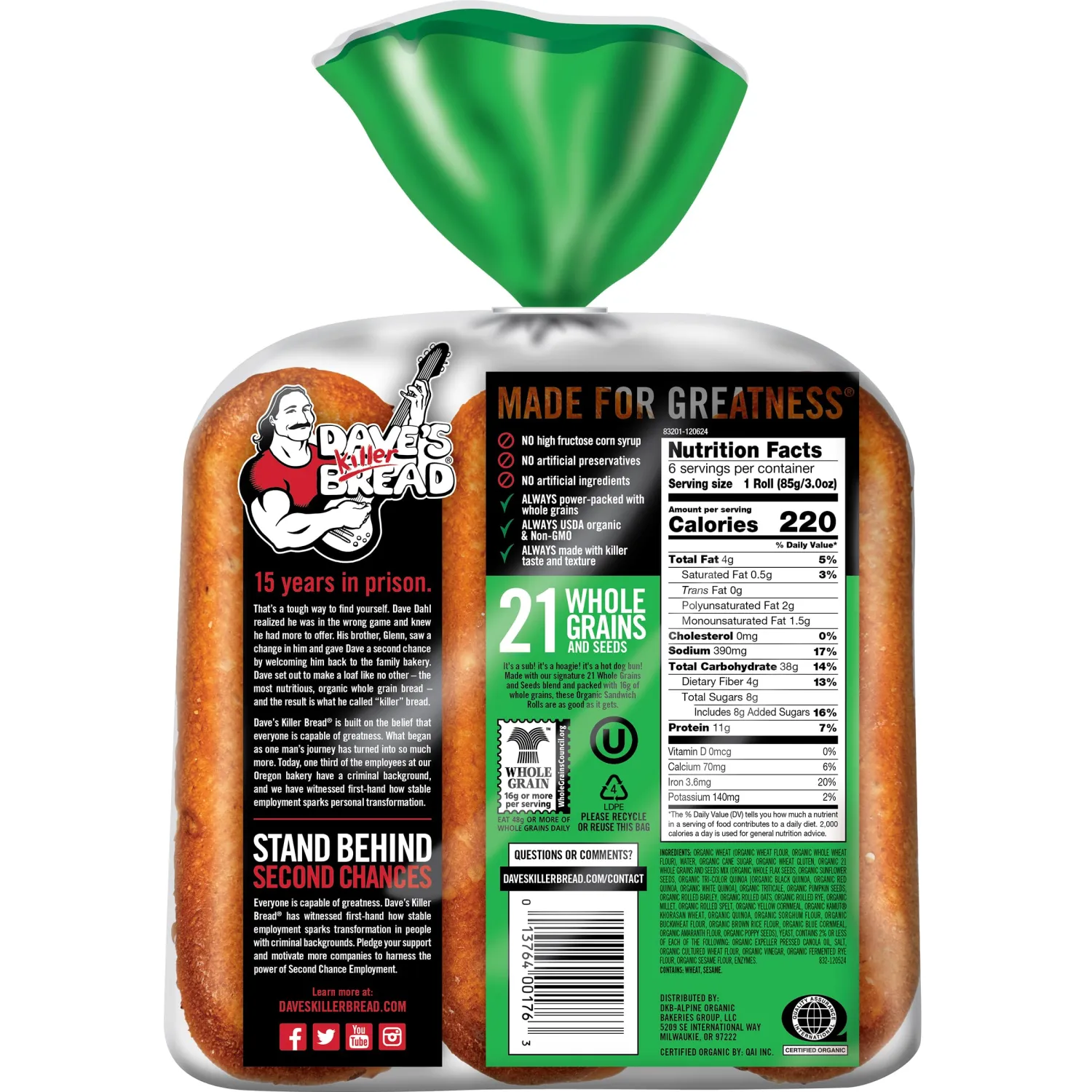 Dave's Killer Bread 21 Grain Organic Sandwich Rolls