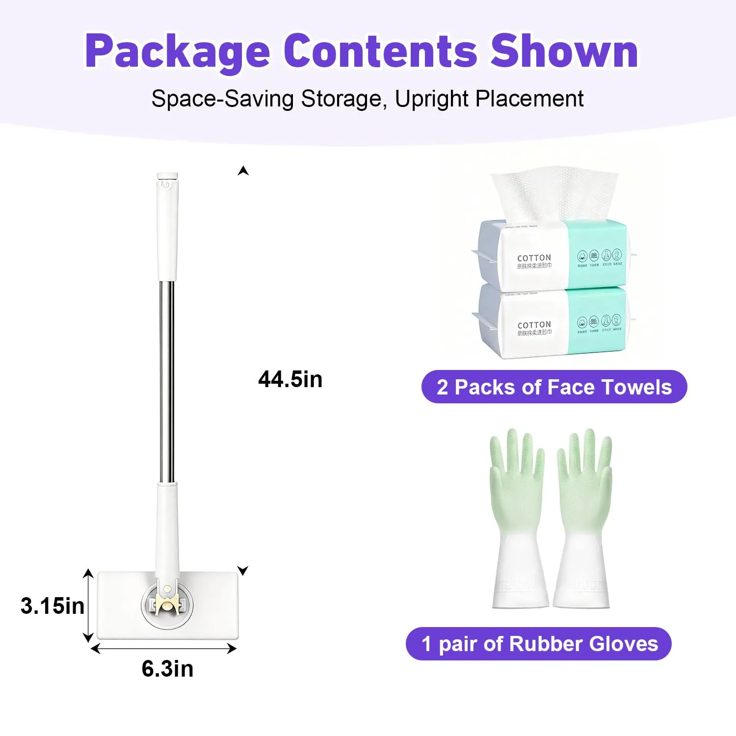 Snap Grip Mini Mop,Cloth Changing Mini Mop 44.5 inch Lazy Automatic Gripping Zero Touch Grip Mops Compatible with Swiffer & Face Towels 360 Rotating Mops for Whole House (2 Face Towels)