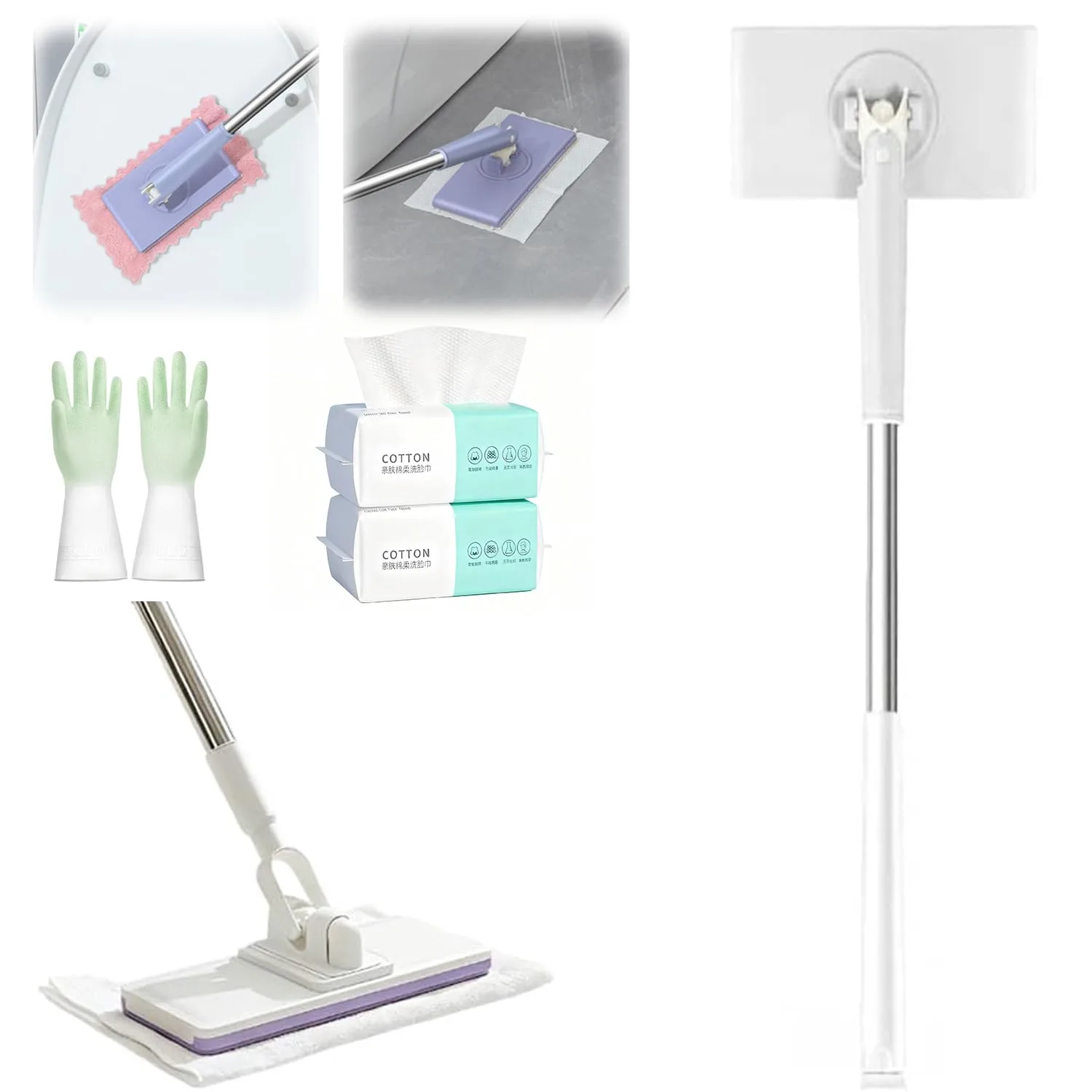 Snap Grip Mini Mop,Cloth Changing Mini Mop 44.5 inch Lazy Automatic Gripping Zero Touch Grip Mops Compatible with Swiffer & Face Towels 360 Rotating Mops for Whole House (2 Face Towels)