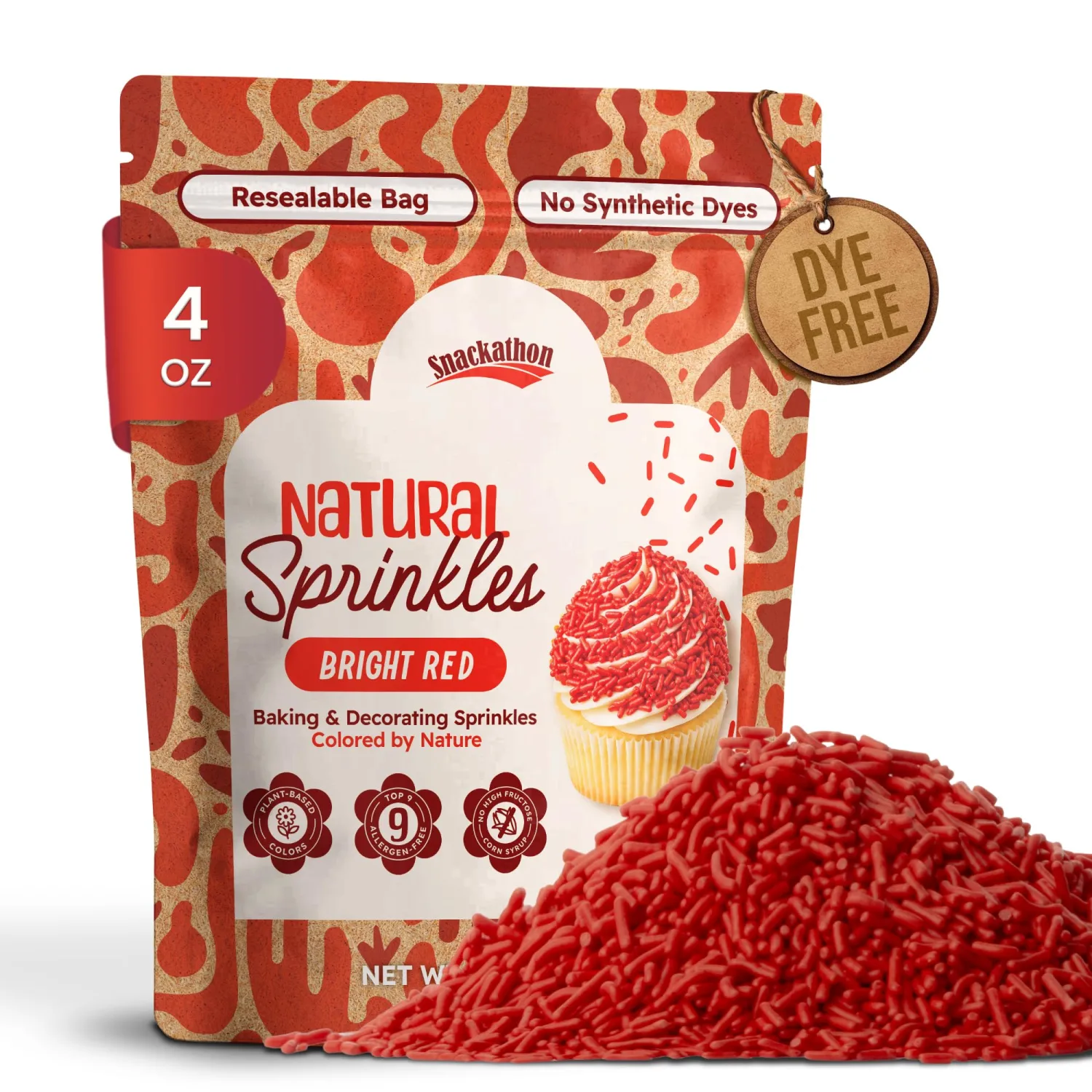 Snackathon Natural Sprinkles for Baking & Decorating, Dye-Free Red Sprinkles, 4 oz Jimmies in Resealable Bag - Naturally Colored, No Artificial Dyes, Gluten-free for Cakes, Cupcakes & Ice Cream