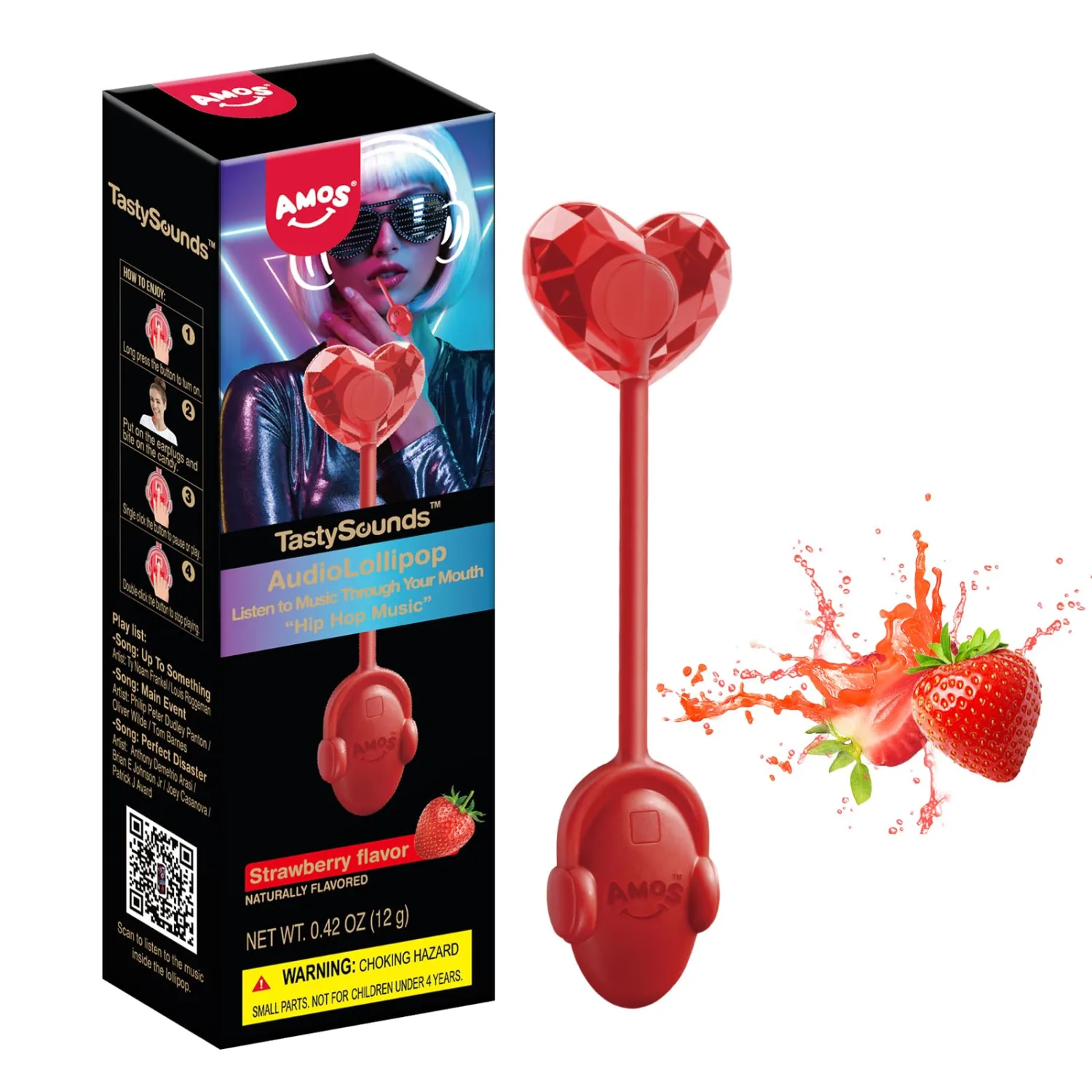 Amos Audio Music Lollipop Suckers, Sugar Free Singing Lollipop - PERFECT DISASTER, Natural Strawberry Flavor(Pack of 1)