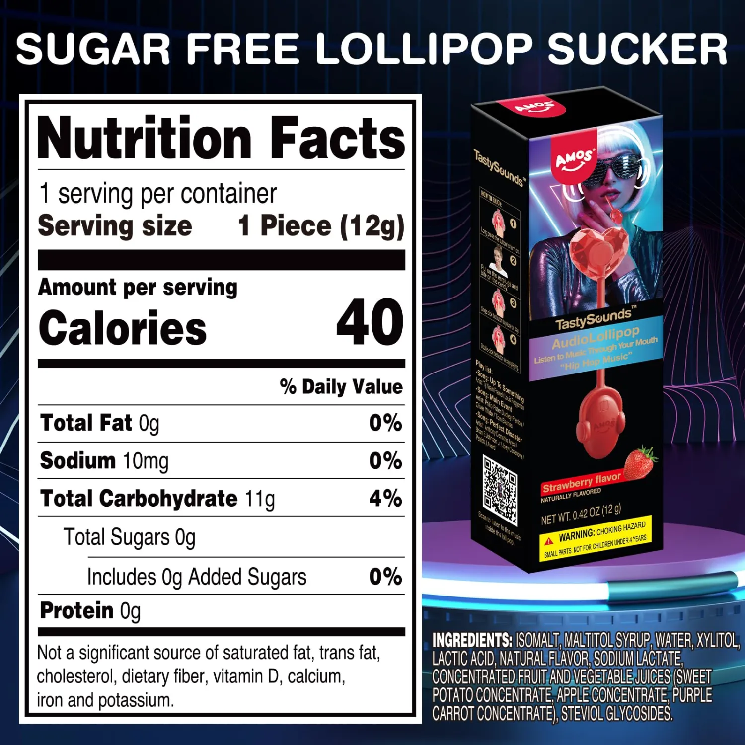 Amos Audio Music Lollipop Suckers, Sugar Free Singing Lollipop - PERFECT DISASTER, Natural Strawberry Flavor(Pack of 1)