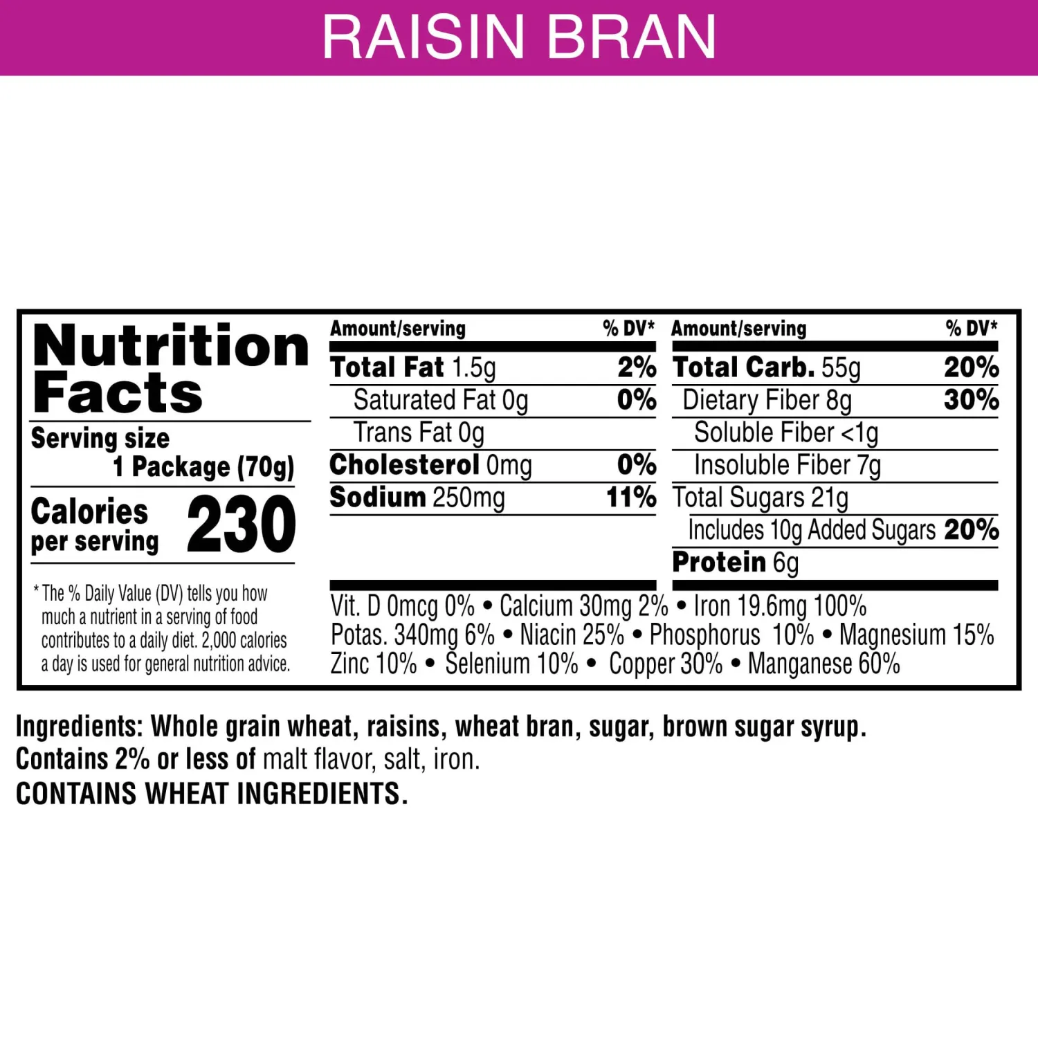 Kellogg's Raisin Bran Breakfast Cereal, High Fiber, 2.5 oz Cup