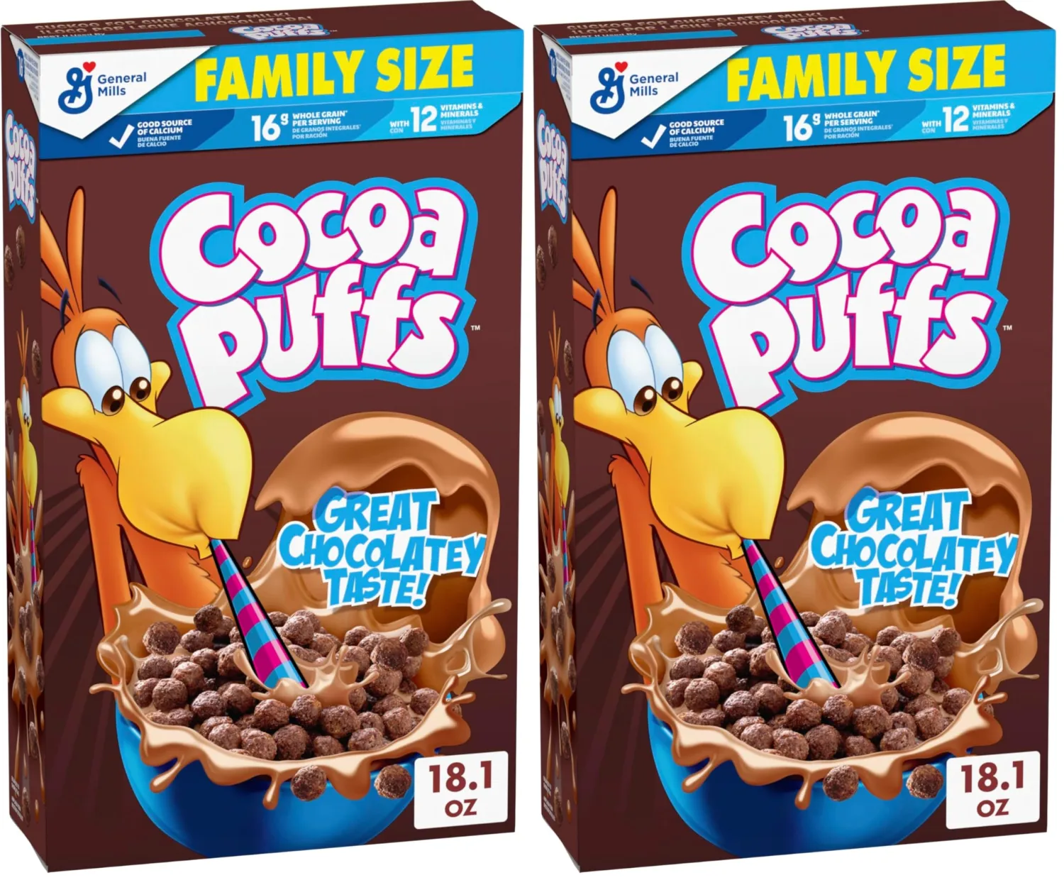 Cocoa Puffs, Chocolatey Breakfast Cereal, Made with Whole Grain, Family Size, 18.1 oz (Pack of 2)