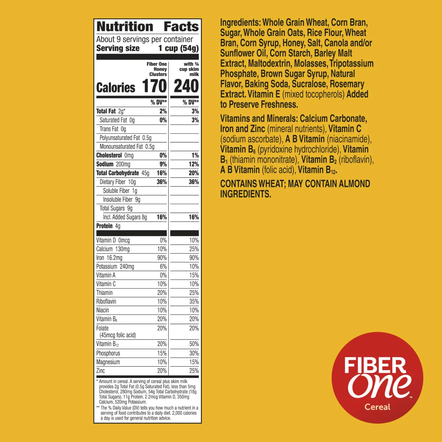 Fiber One Honey Clusters Breakfast Cereal, Fiber Cereal Made with Whole Grain, 17.5 oz