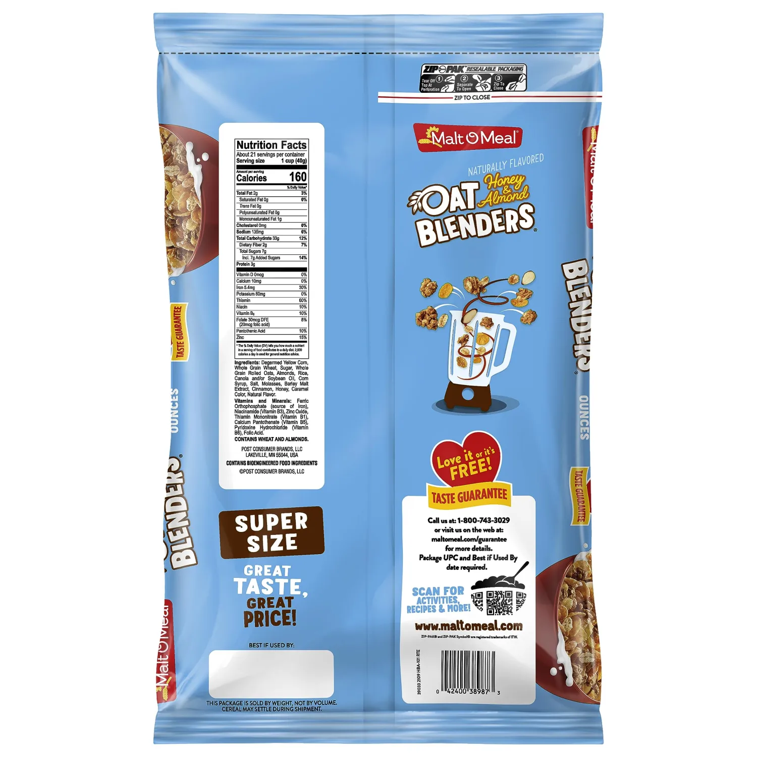 Malt-O-Meal Honey and Oat Blenders® with Almonds Breakfast Cereal, Family Size Bulk Bagged Cereal, 30 Ounce - 1 count (Pack of 2)