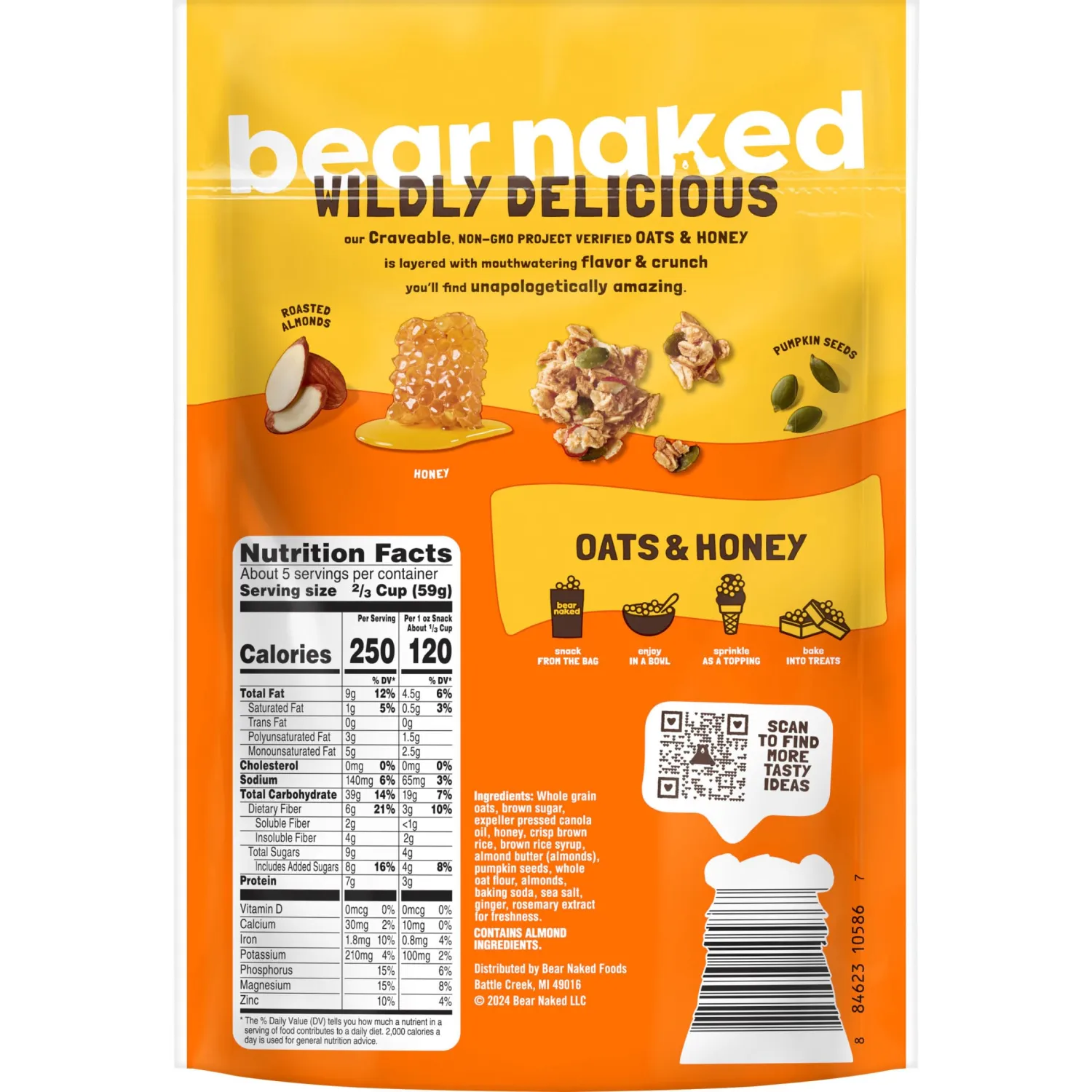 Bear Naked Granola Cereal, Whole Grain Granola, Breakfast Snacks, Oats and Honey, 11oz Bag (1 Bag) (Pack of 2)