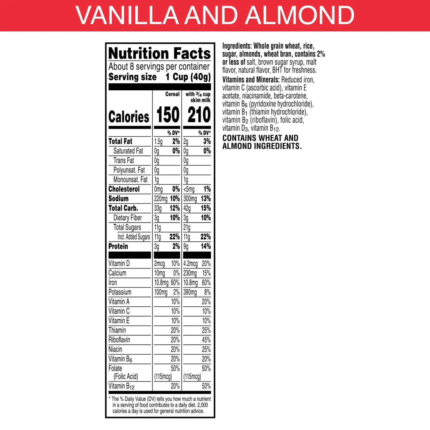 Kellogg's Special K Breakfast Cereal, Fiber Cereal, Family Breakfast, Vanilla and Almond, 12.5oz Box (1 Box)