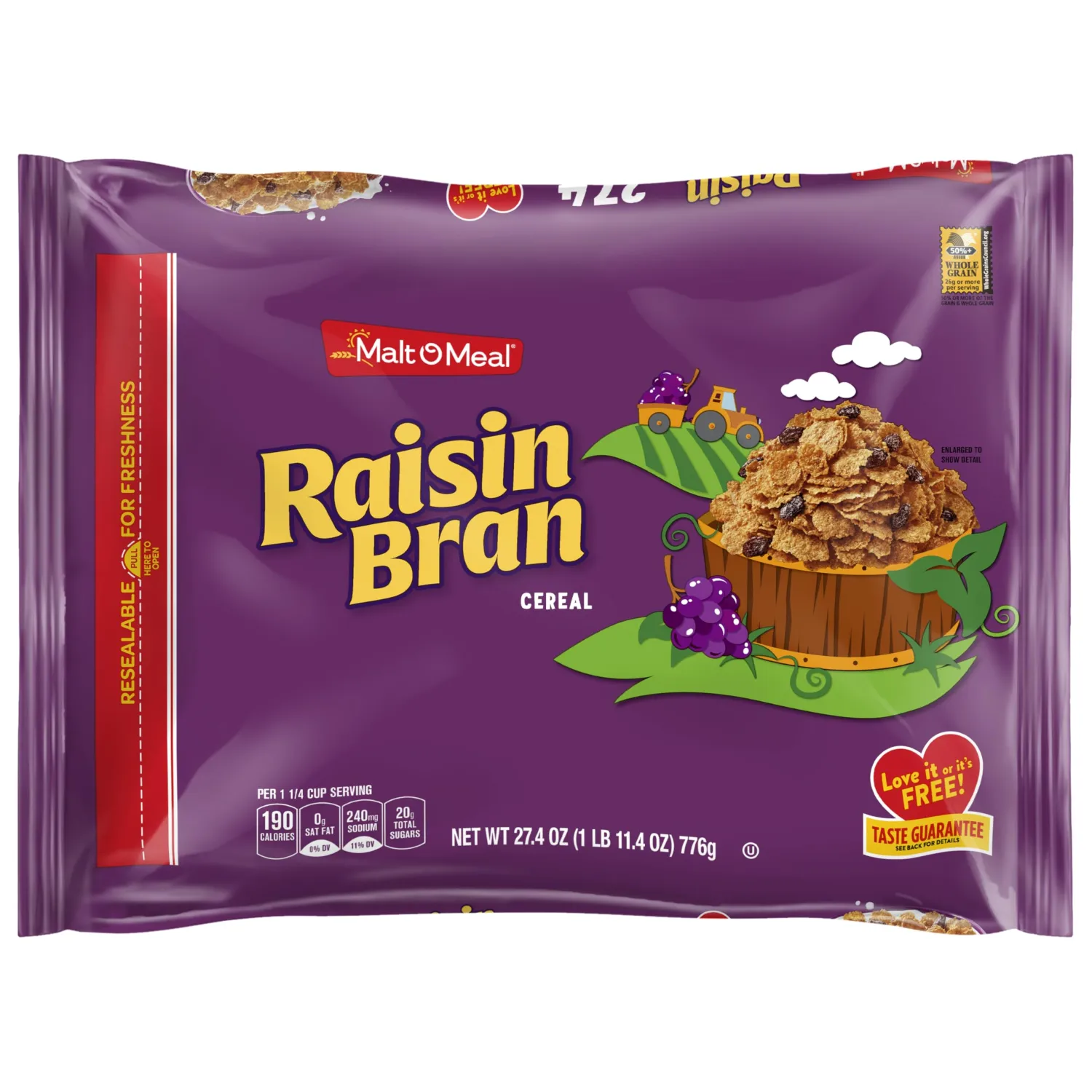 Malt-O-Meal Raisin Bran Breakfast Cereal, Wheat Flakes and Raisins, Large Size for Family, 27.4 oz Resealable Bag