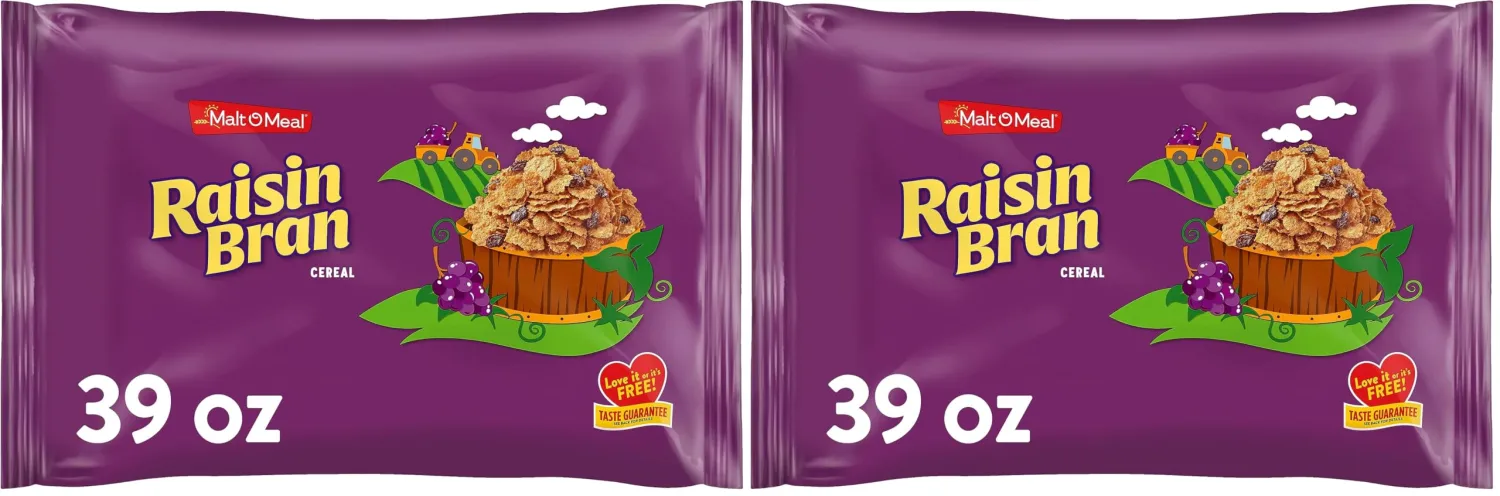 Malt-O-Meal Raisin Bran Cereal, Wheat Flakes and Raisins Breakfast Cereal, Large Cereal for Family, 39 OZ Resealable Cereal Bag (Pack of 2)