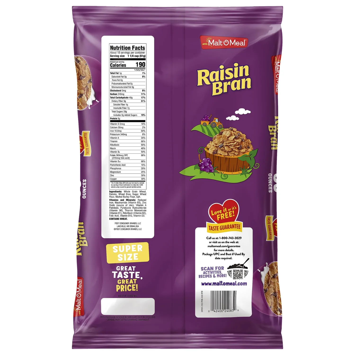 Malt-O-Meal Raisin Bran Cereal, Wheat Flakes and Raisins Breakfast Cereal, Large Cereal for Family, 39 OZ Resealable Cereal Bag (Pack of 2)